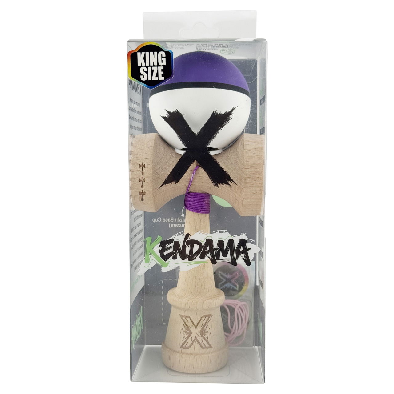 Kendama X Originala, Profesionala, Flippy, Cupe Mari KING SIZE V3, Rubber Grip, Gaura in Baza, Rulment Metalic, din lemn 18 cm, Ata 62/65 cm, S Bicolor Violet/Alb [6]