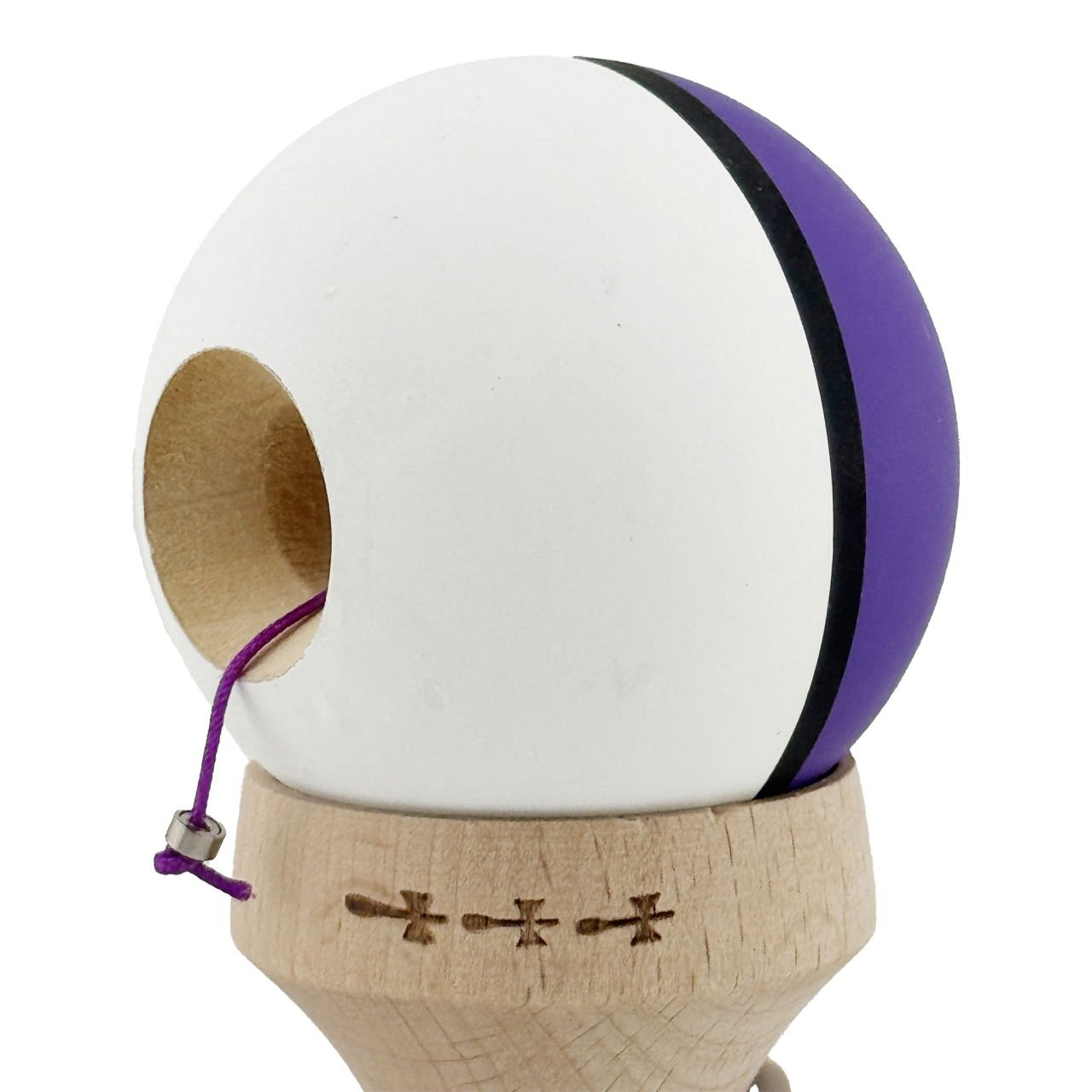 Kendama X Originala, Profesionala, Flippy, Cupe Mari KING SIZE V3, Rubber Grip, Gaura in Baza, Rulment Metalic, din lemn 18 cm, Ata 62/65 cm, S Bicolor Violet/Alb [7]