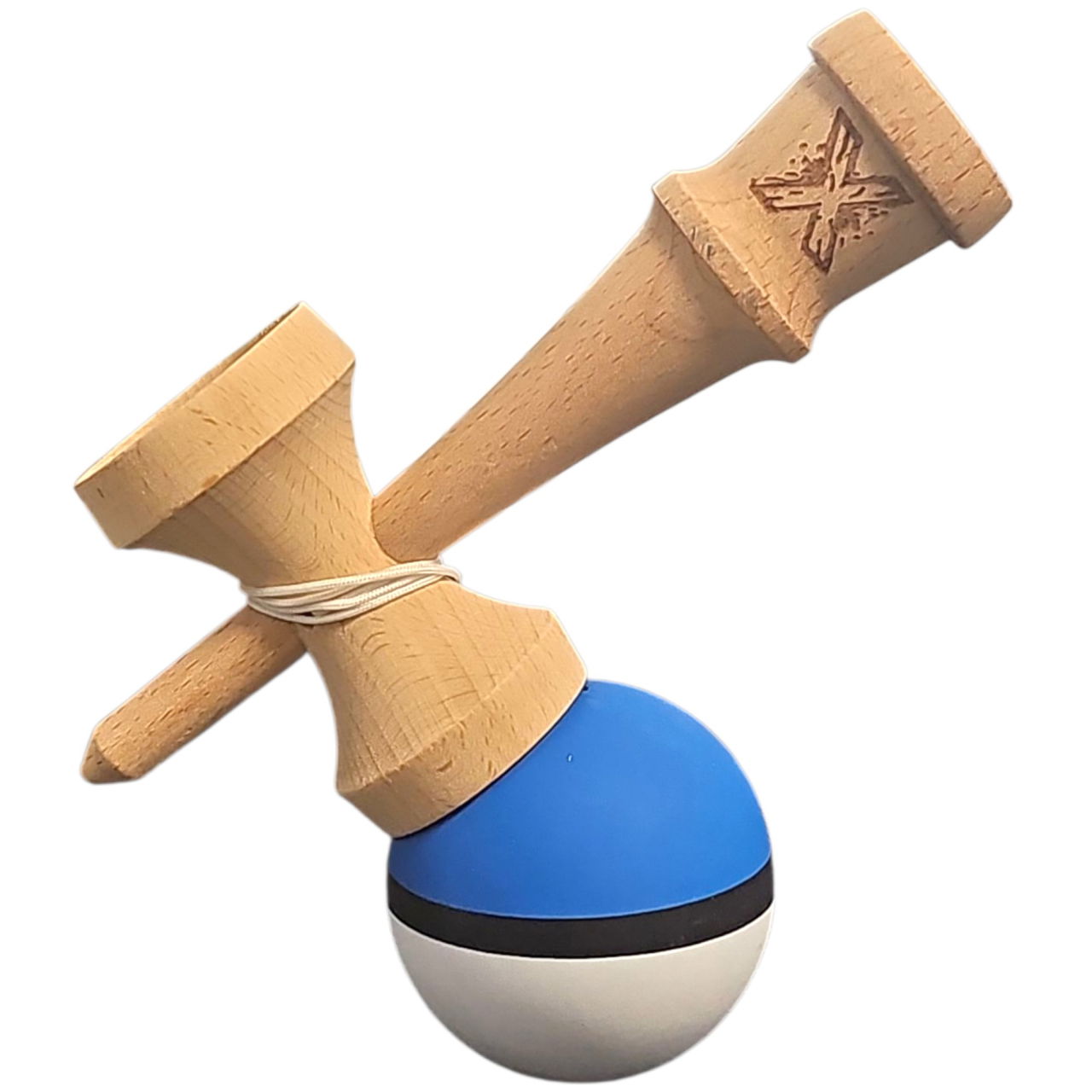 Kendama X Originala, Profesionala, Flippy, din Lemn, 18 cm, Rubber Grip, Albastru/Negru/Alb [3]