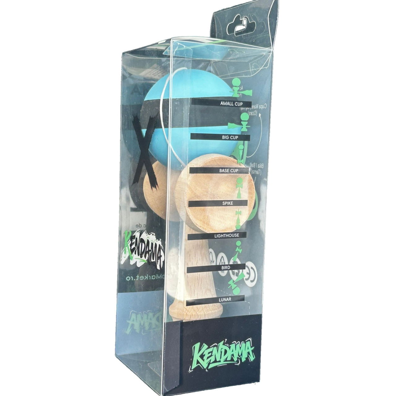 Kendama X Originala, Profesionala, Flippy, din Lemn, 18 cm, Rubber Grip, Dungi Albastru/Negru [4]