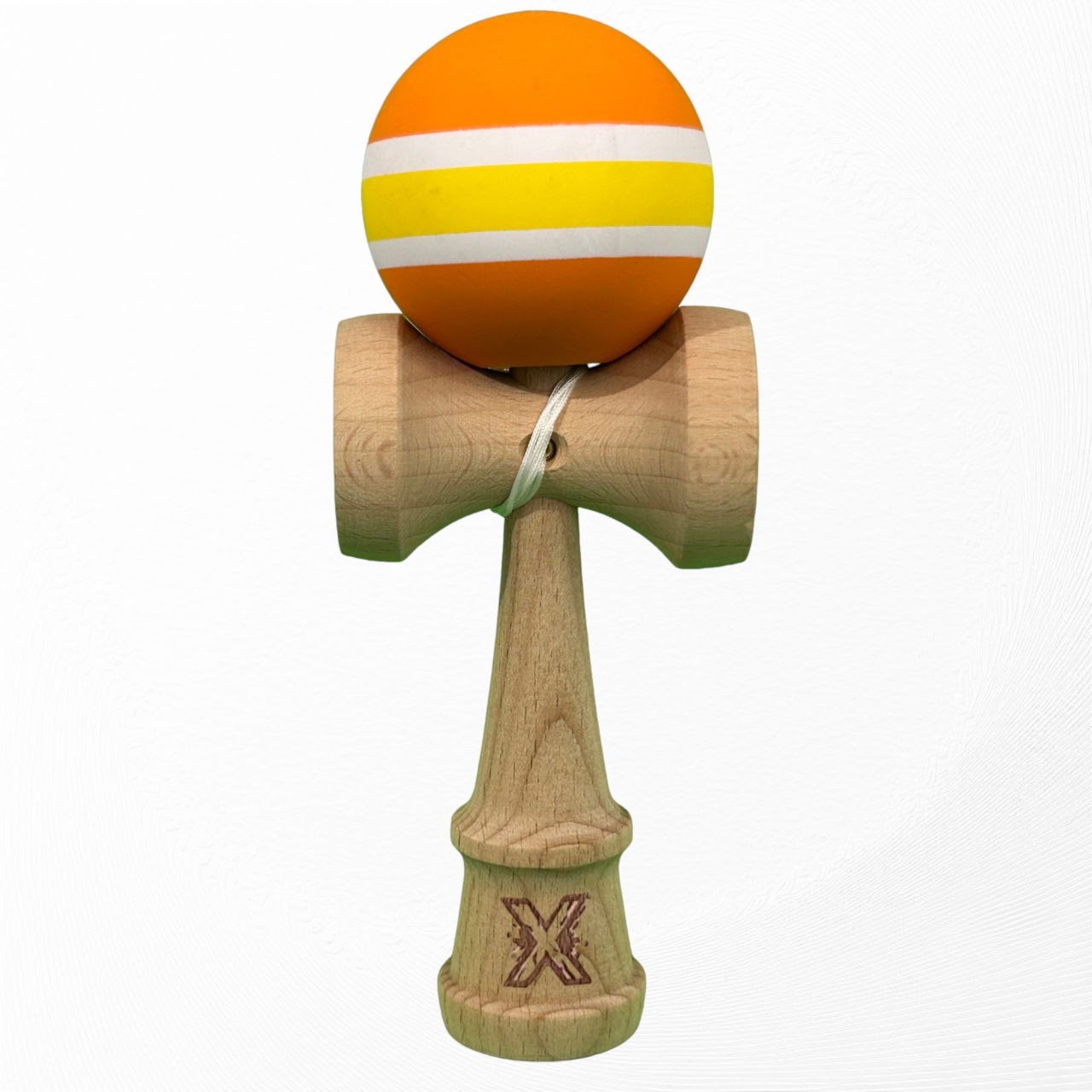 Kendama X Originala, Profesionala, Flippy, din Lemn cu Bila cu Invelis din Cauciuc, 18 x 6 x 7 cm, Rubber Grip, Portocaliu/Galben/Alb [1]