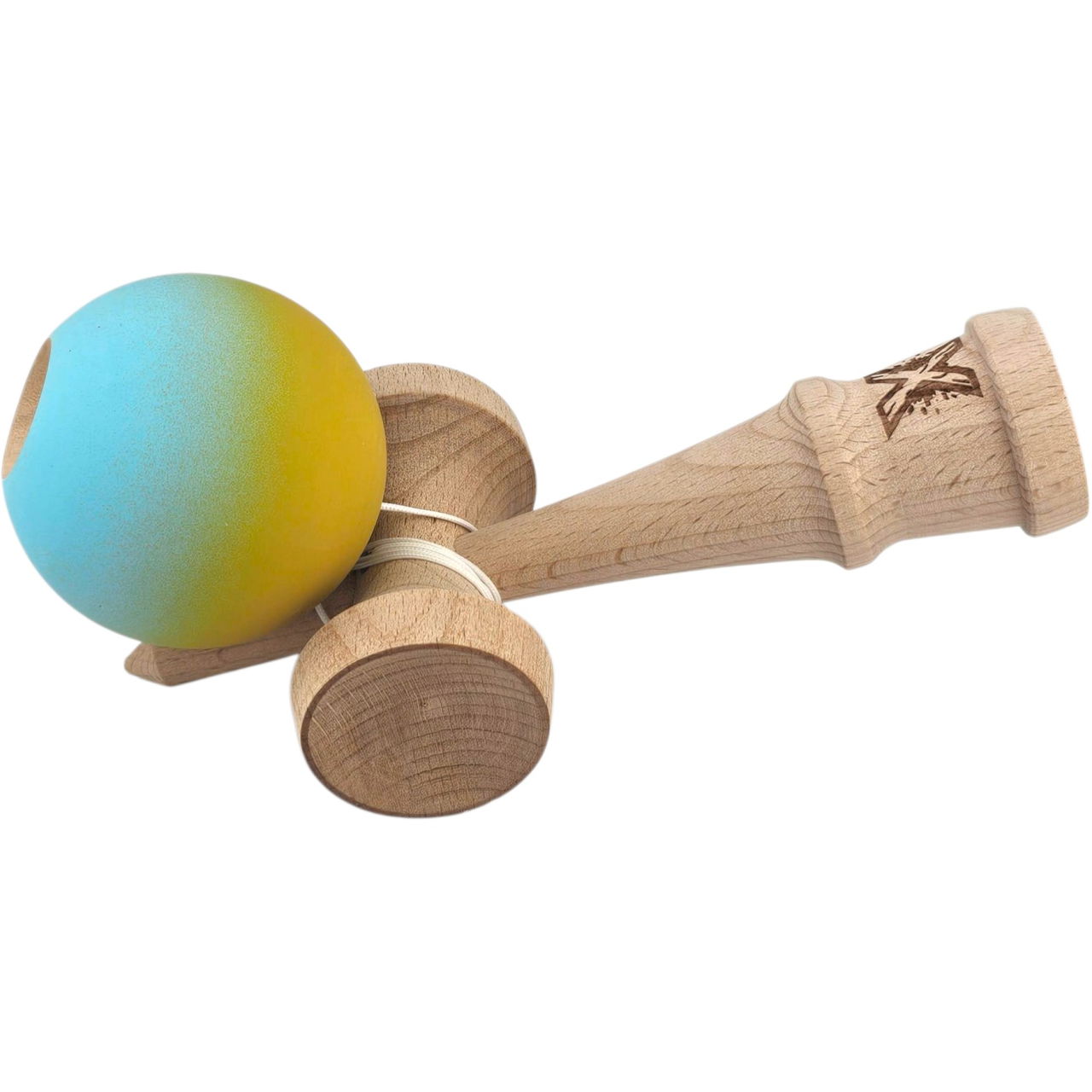 Kendama X Originala, Profesionala, Flippy, din Lemn, Rubber Grip, 18 cm, Galben/Albastru [4]
