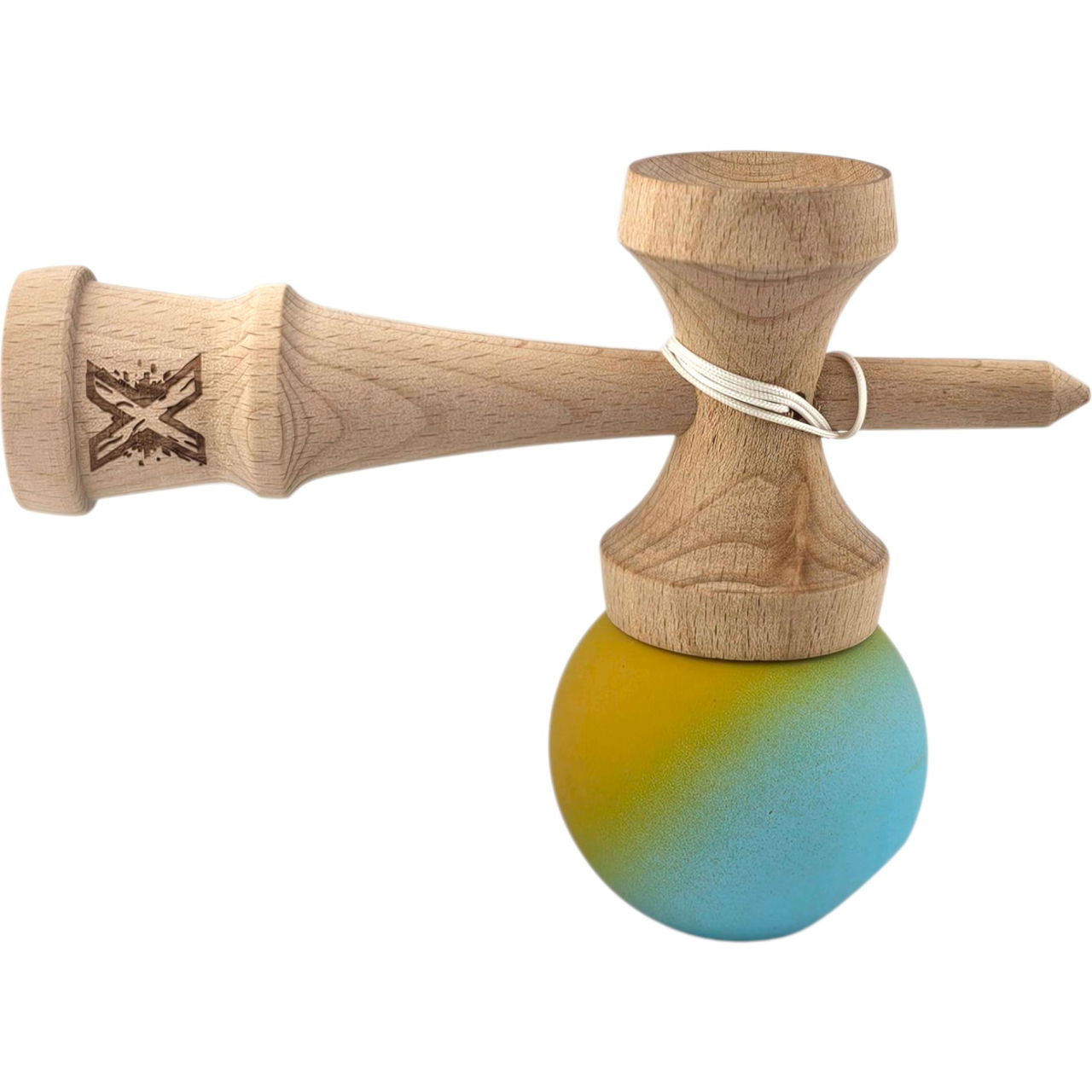 Kendama X Originala, Profesionala, Flippy, din Lemn, Rubber Grip, 18 cm, Galben/Albastru [3]