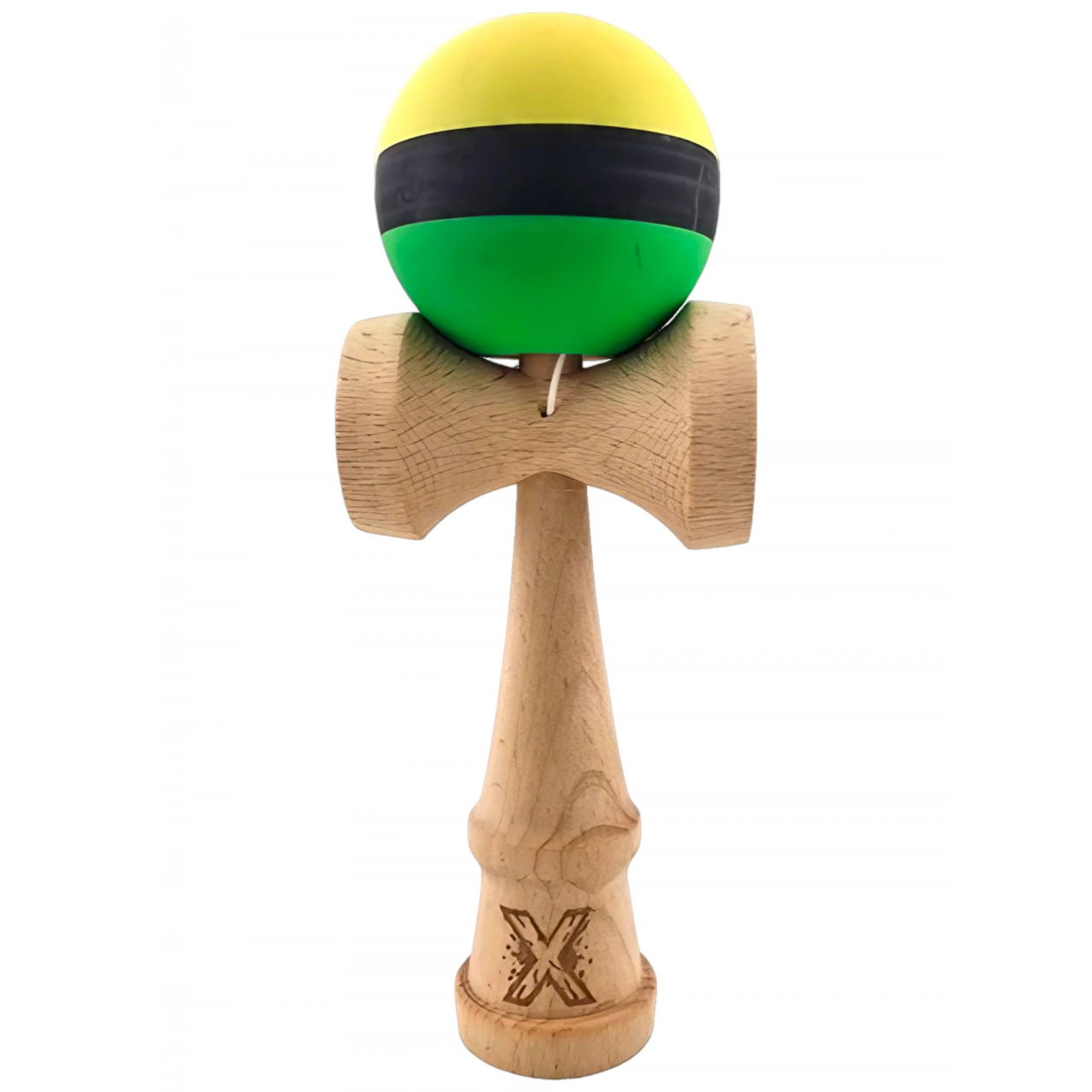 Kendama X Originala, Profesionala, Flippy, din Lemn, Rubber Grip, 18 cm, Galben/Negru/Verde [1]