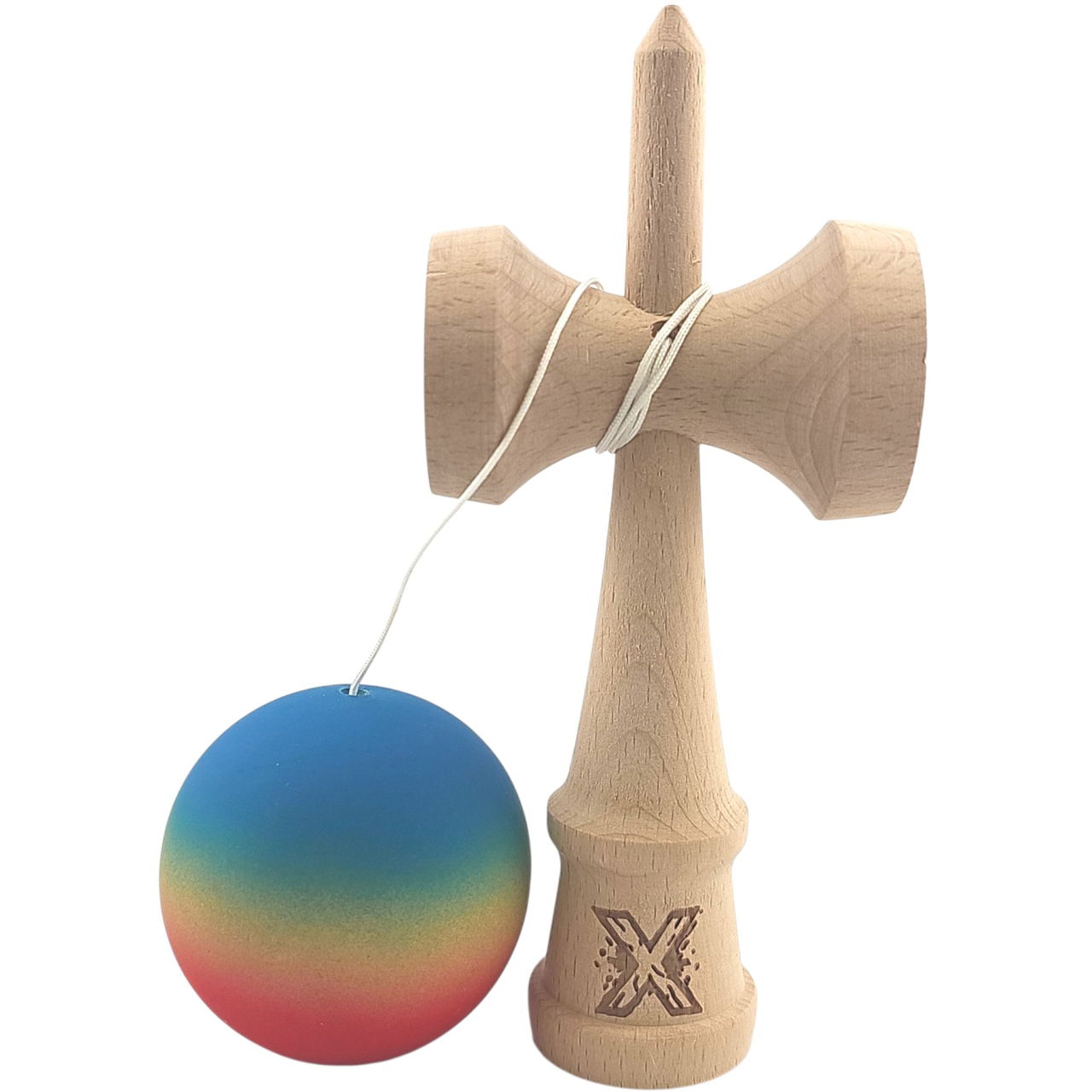 Kendama X Originala, Profesionala, Flippy, din Lemn, Rubber Grip, 18 cm, Gradient Albastru/Galben/Rosu [3]