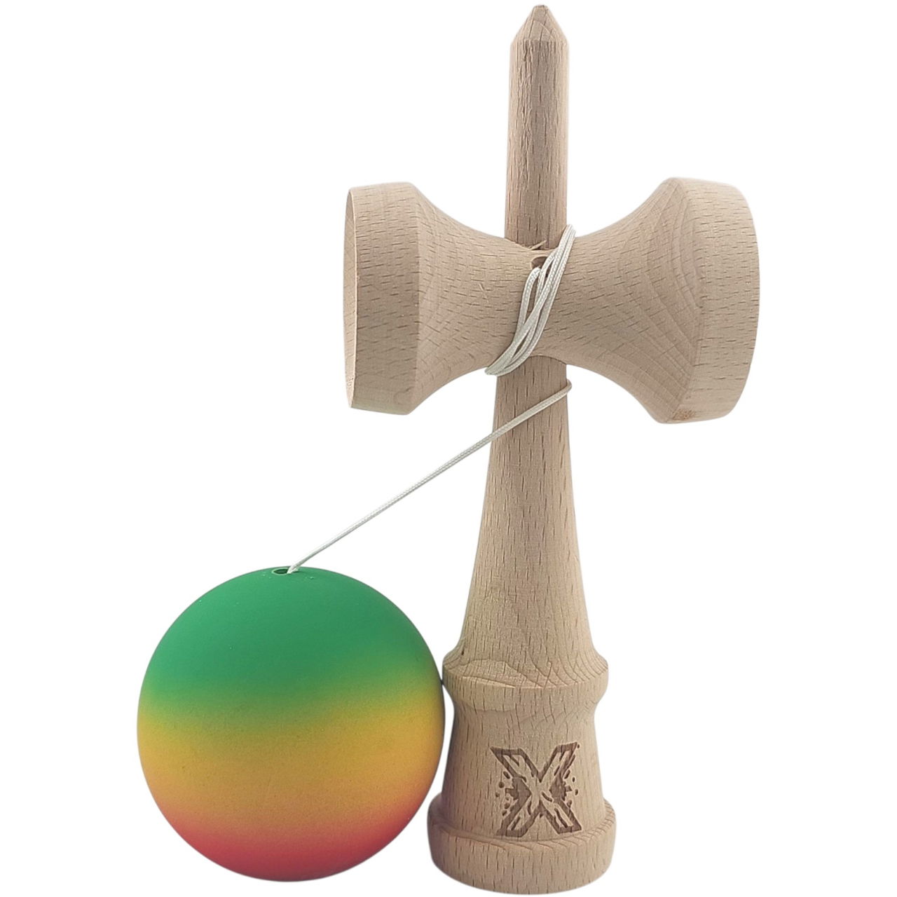 Kendama X Originala, Profesionala, Flippy, din Lemn, Rubber Grip, 18 cm, Gradient Verde/Galben/Rosu [3]