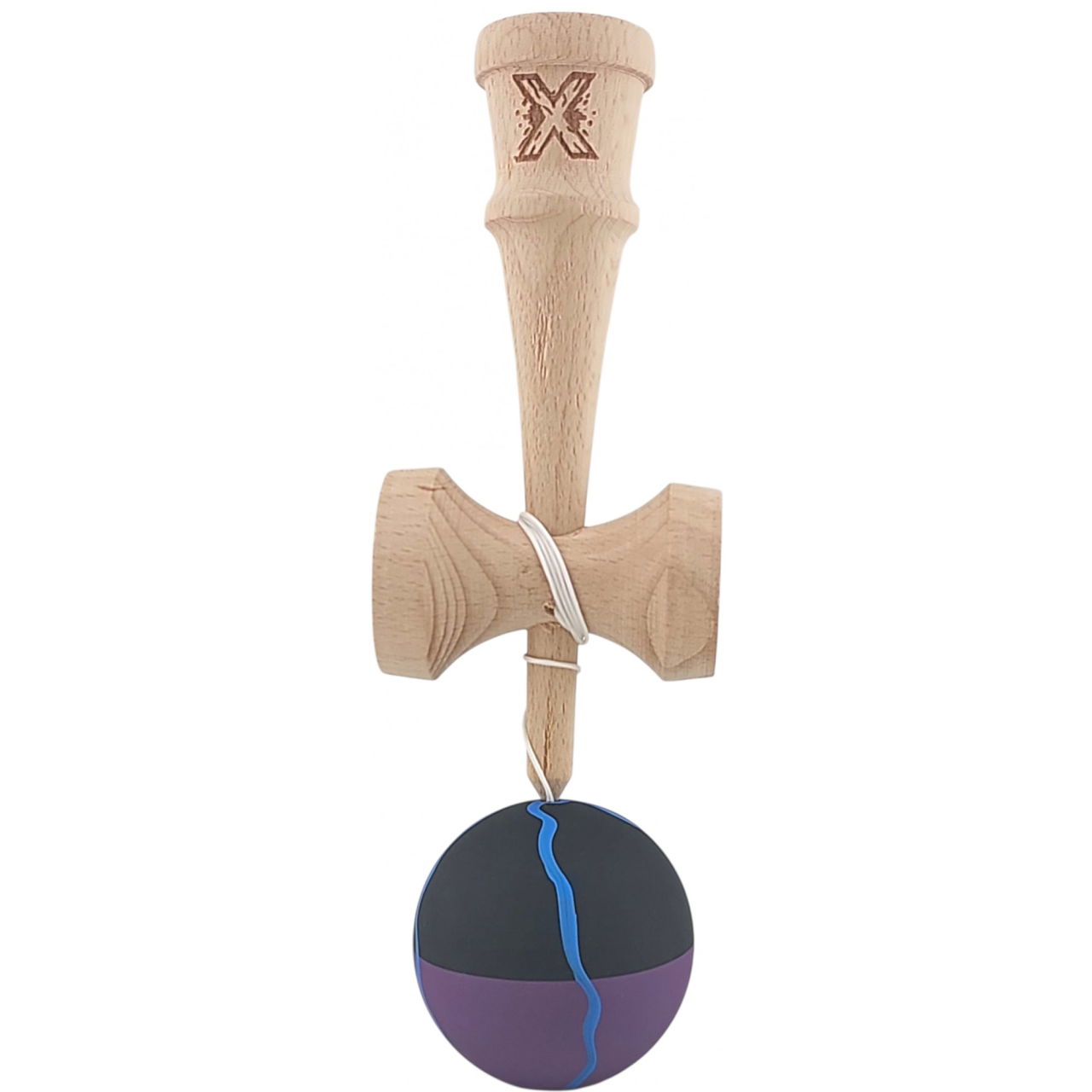 Kendama X Originala, Profesionala, Flippy, din Lemn, Rubber Grip, 18 cm, Negru/Mov/Albastru [2]
