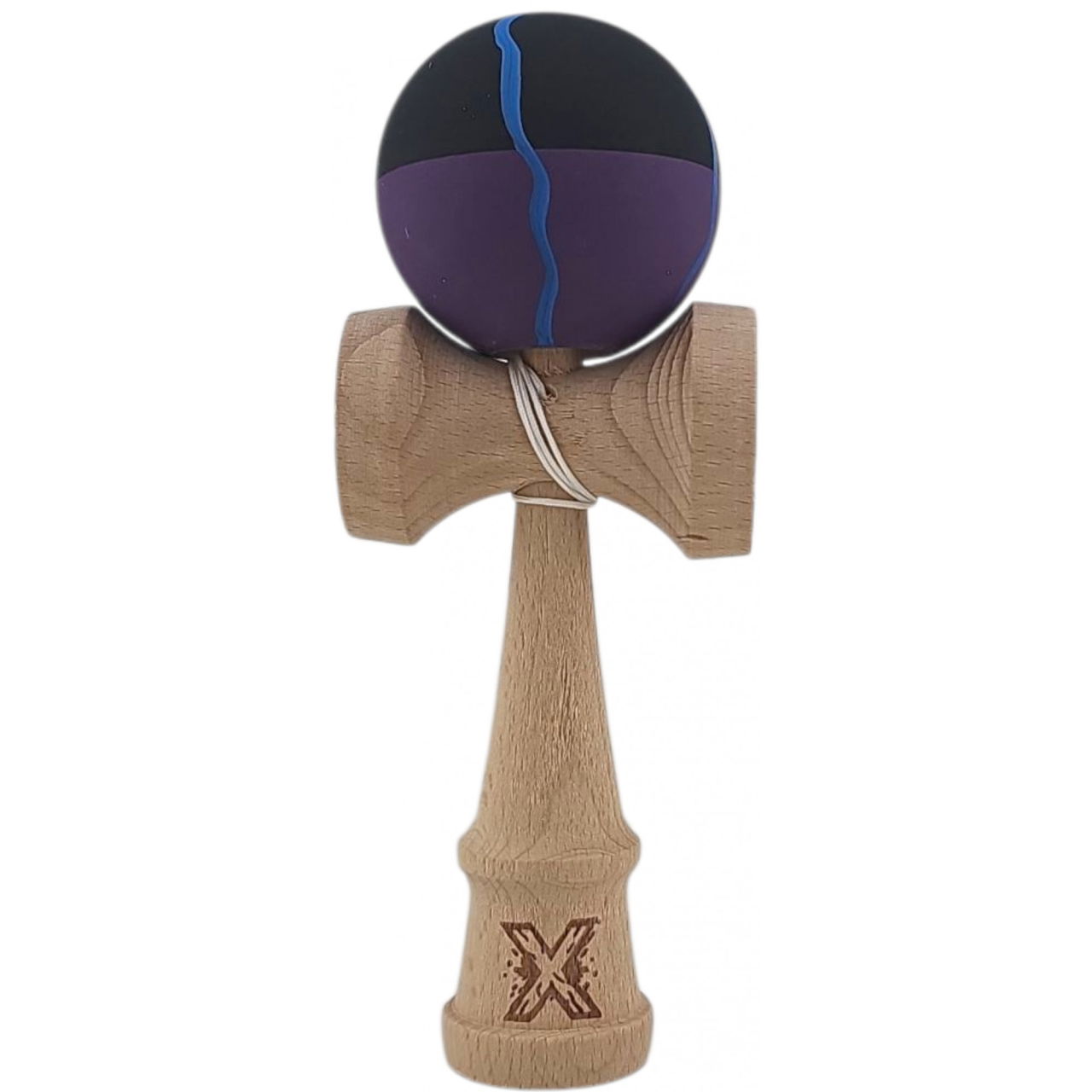 Kendama X Originala, Profesionala, Flippy, din Lemn, Rubber Grip, 18 cm, Negru/Mov/Albastru [1]