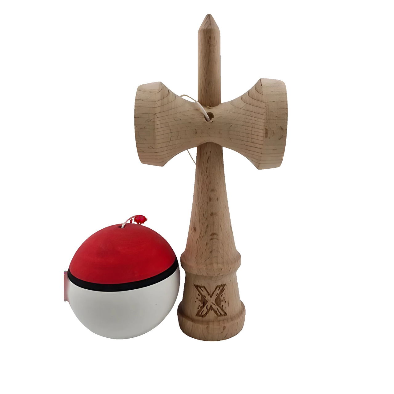 Kendama X Originala, Profesionala, Flippy, din Lemn, Rubber Grip, 18 cm, Rosu/Alb [3]