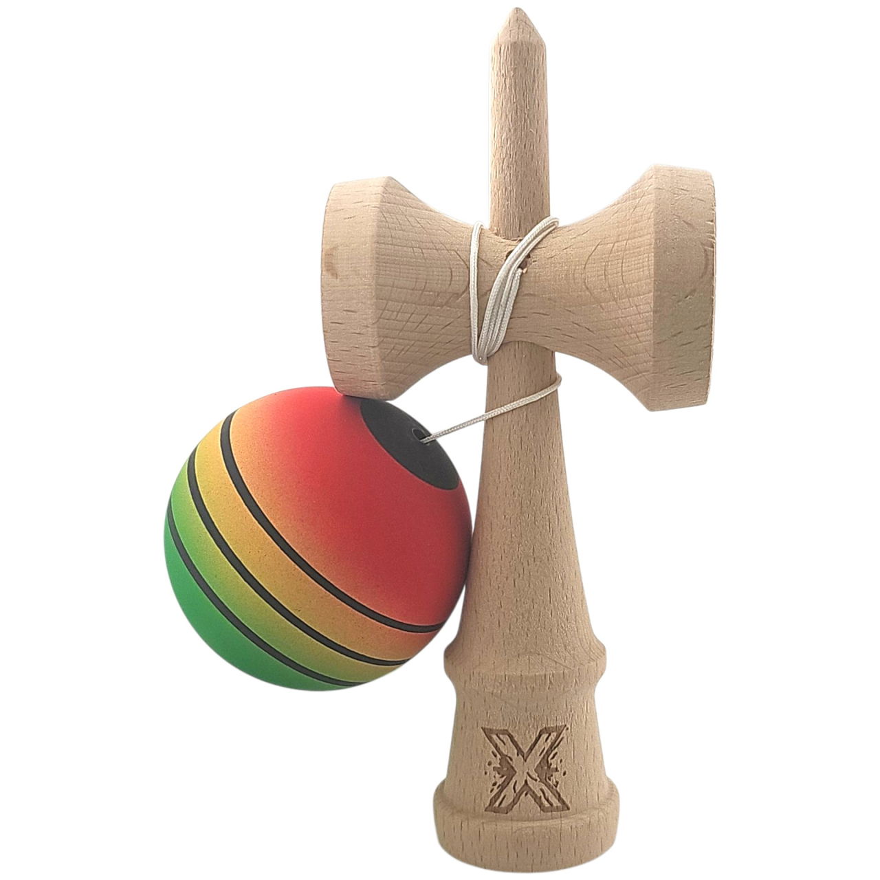 Kendama X Originala, Profesionala, Flippy, din Lemn, Rubber Grip, 18 cm, Rosu/Galben/Verde [2]
