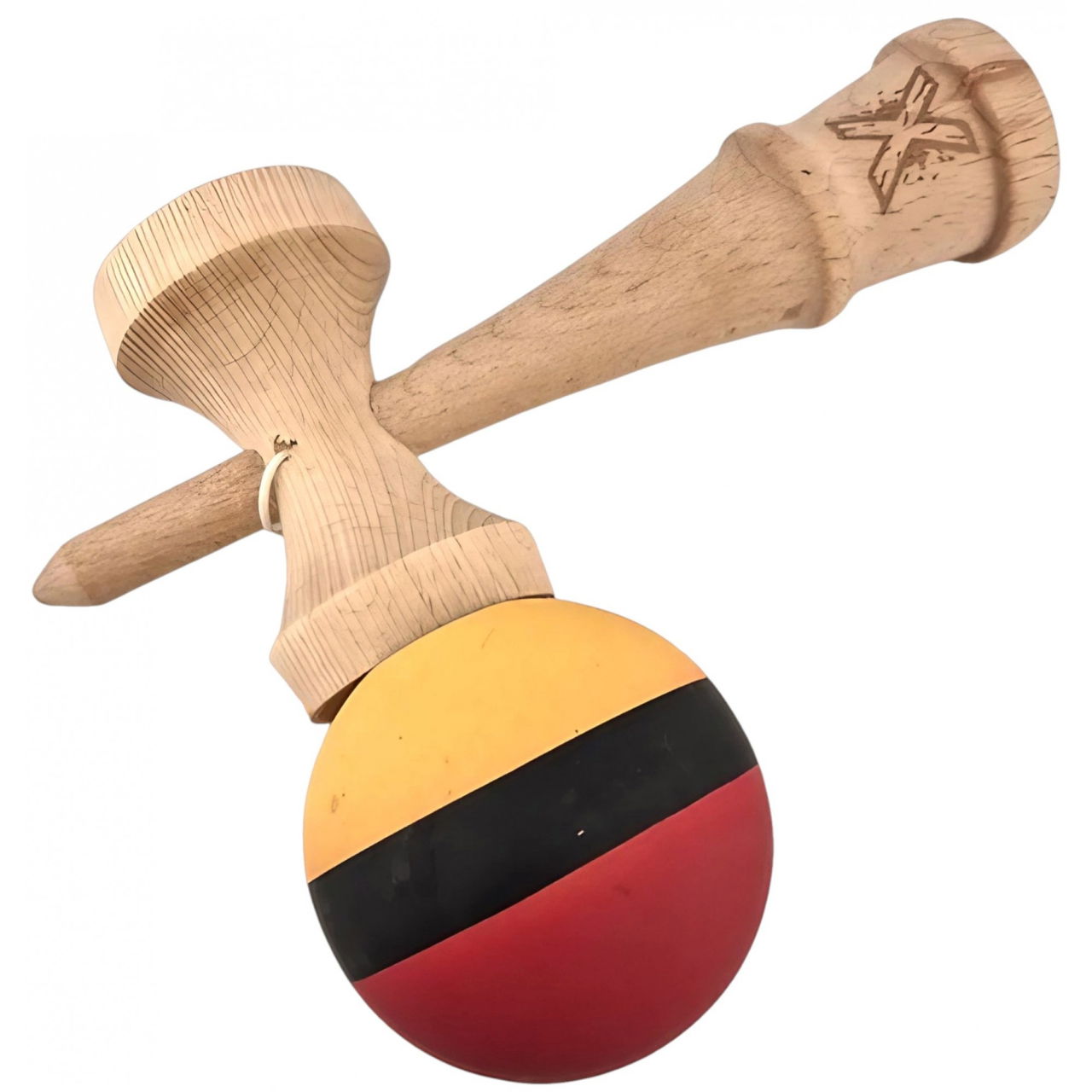 Kendama X Originala, Profesionala, Flippy, din Lemn, Rubber Grip, 18 cm, Rosu/Negru/Galben [3]