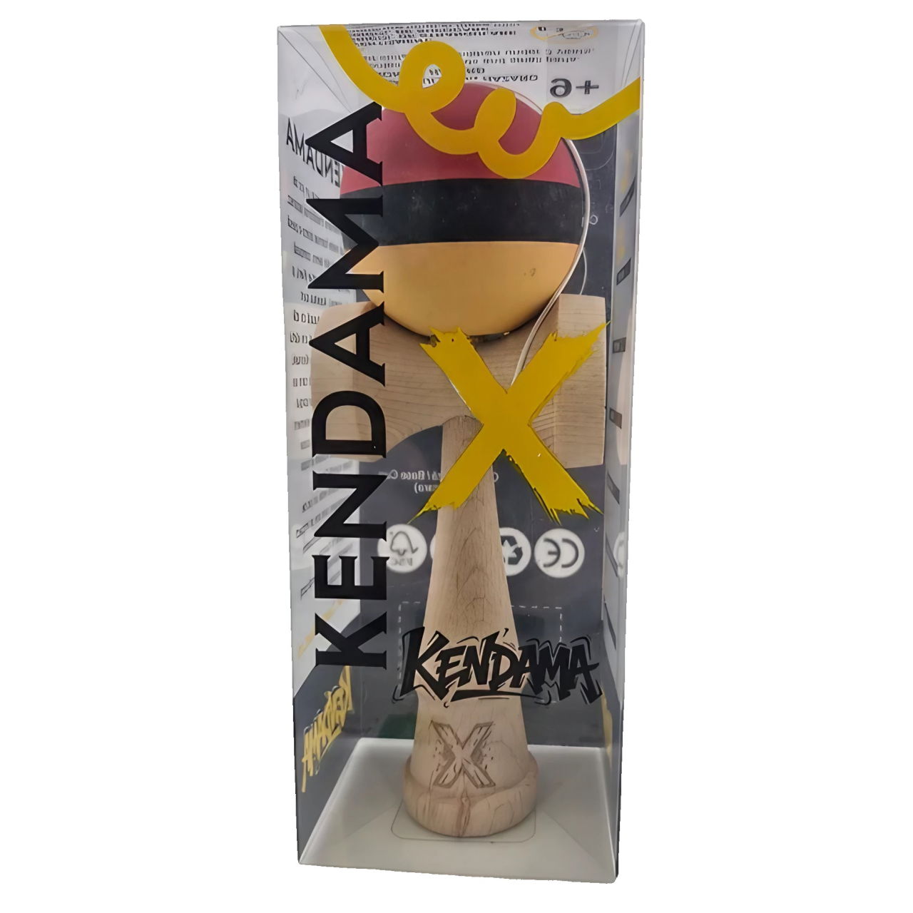 Kendama X Originala, Profesionala, Flippy, din Lemn, Rubber Grip, 18 cm, Rosu/Negru/Galben [2]