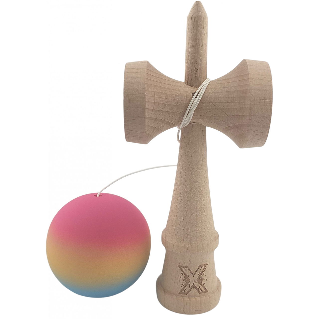 Kendama X Originala, Profesionala, Flippy, din Lemn, Rubber Grip, 18 cm, Roz/Galben/Albastru [2]