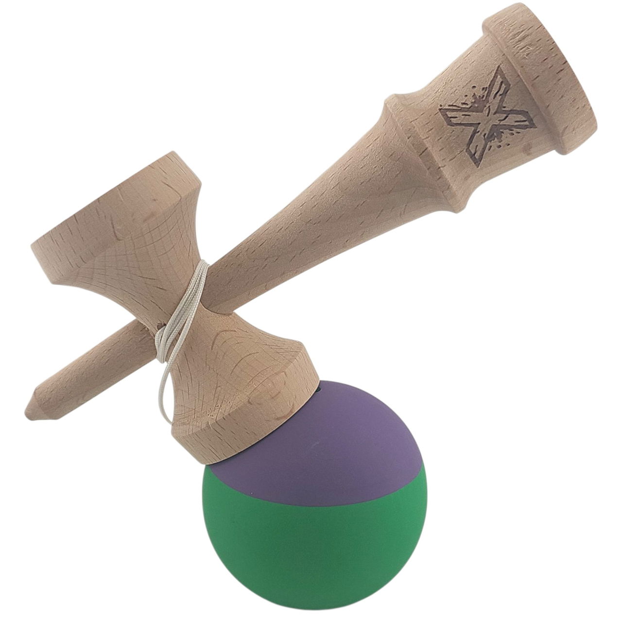 Kendama X Originala, Profesionala, Flippy, din Lemn, Rubber Grip, 18 cm, Verde/Mov [3]