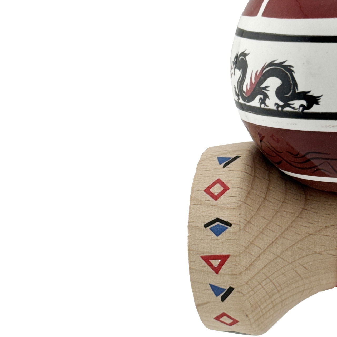 Kendama X Originala, Profesionala, Flippy, DRAGON Series, Super Sticky cu Cupe Mari King Size V3, Rulment Metalic si Gaura in Baza, din Lemn 18 cm, Ata 62/65 cm, Alb/Rosu inchis [8]