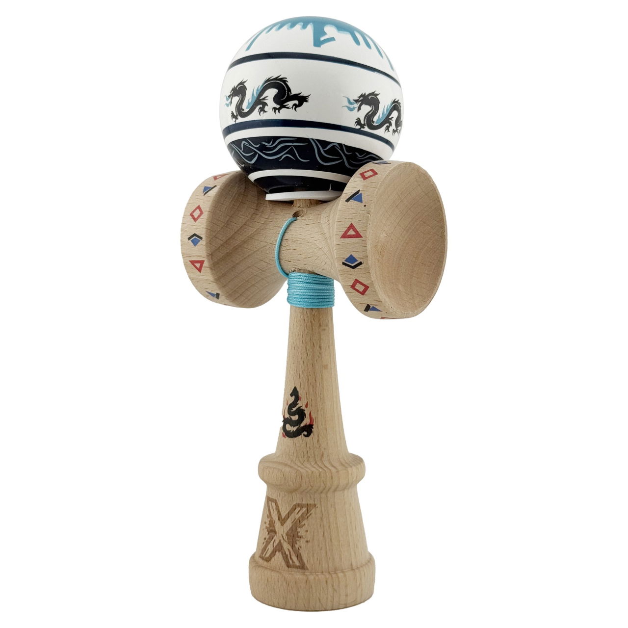 Kendama X Originala, Profesionala, Flippy, DRAGON Series, Super Sticky cu Cupe Mari King Size V3, Rulment Metalic si Gaura in Baza, din Lemn 18 cm, Ata 62/65 cm, Albastru/Negru [3]