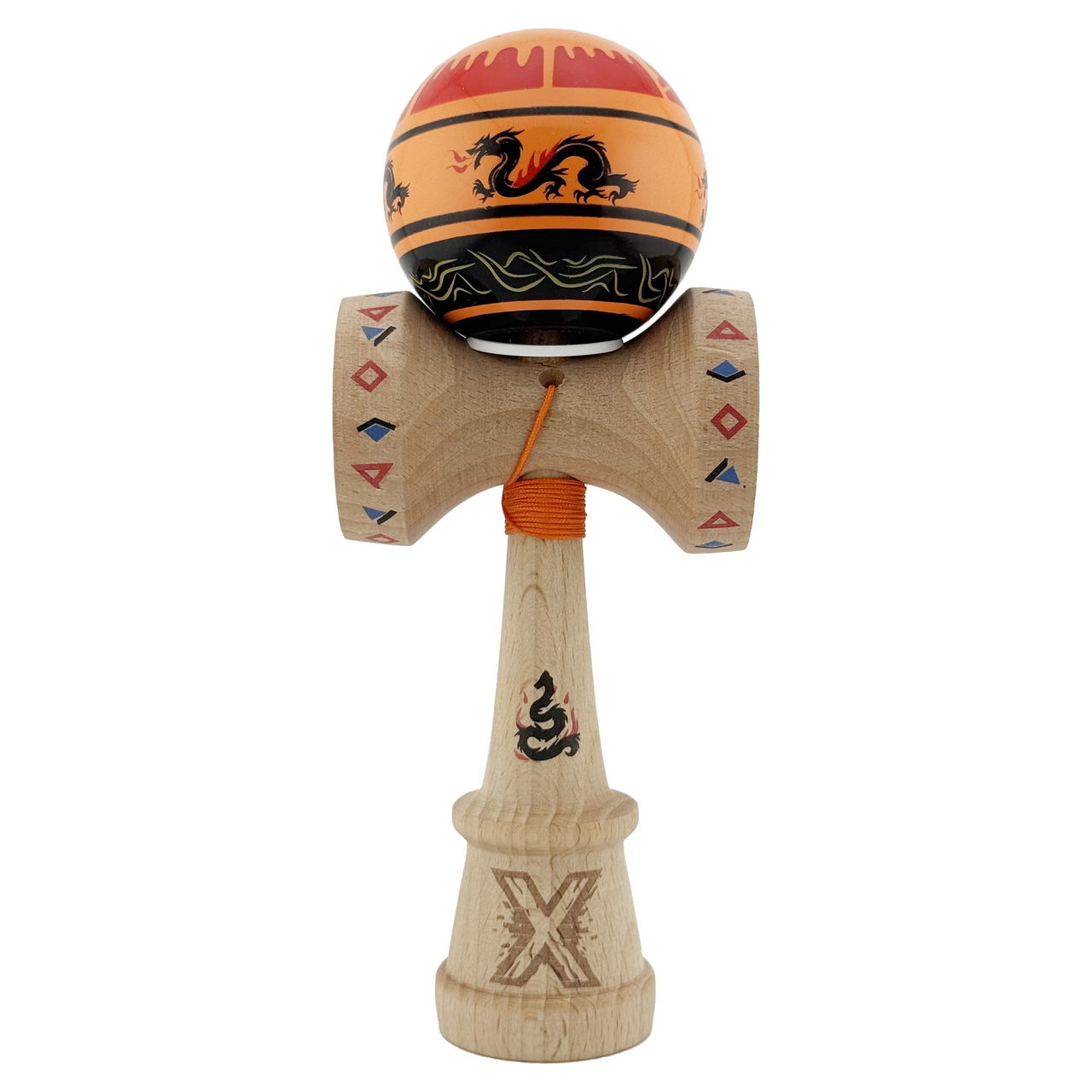 Kendama X Originala, Profesionala, Flippy, DRAGON Series, Super Sticky cu Cupe Mari King Size V3, Rulment Metalic si Gaura in Baza, din Lemn 18 cm, Ata 62/65 cm, Portocaliu/Negru [2]