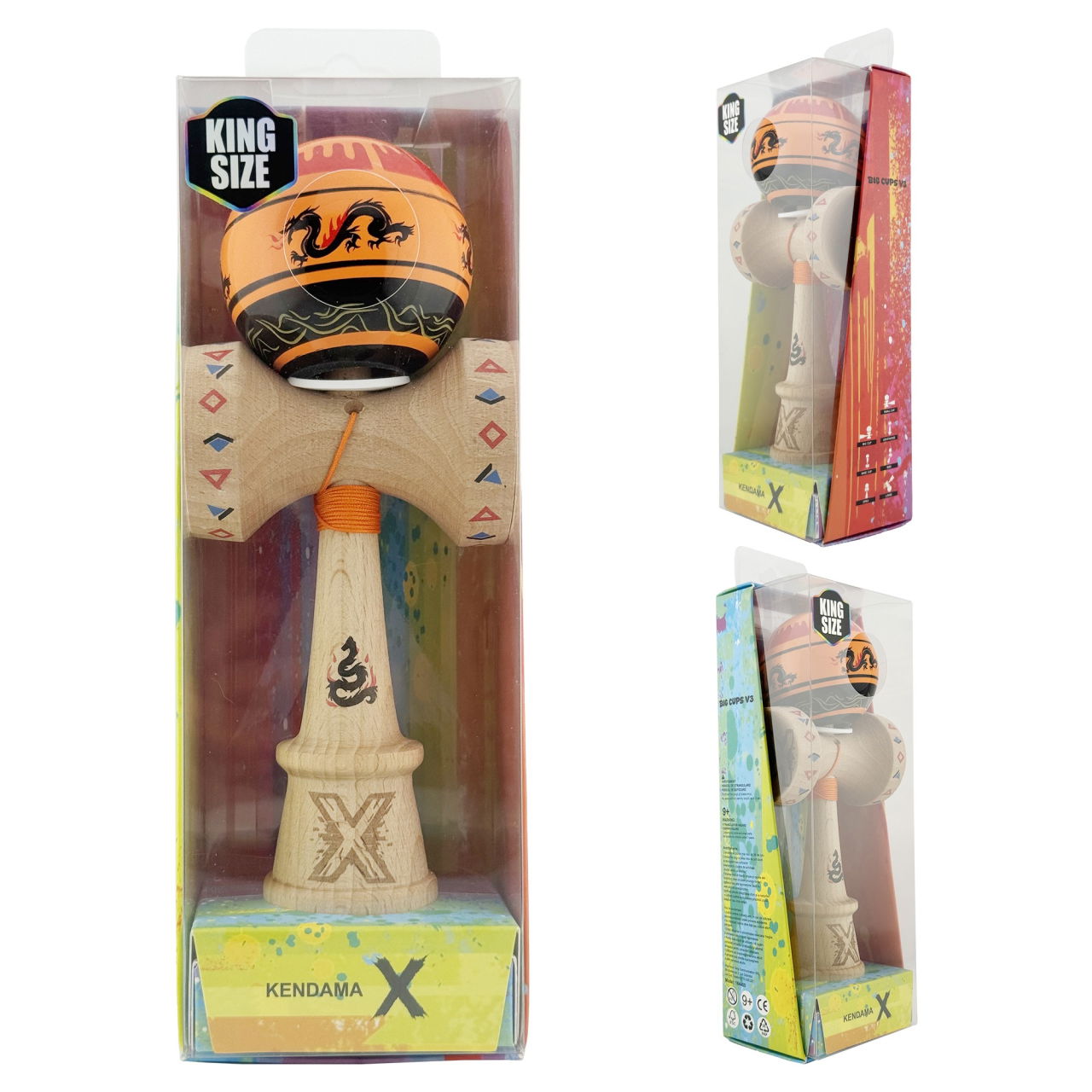 Kendama X Originala, Profesionala, Flippy, DRAGON Series, Super Sticky cu Cupe Mari King Size V3, Rulment Metalic si Gaura in Baza, din Lemn 18 cm, Ata 62/65 cm, Portocaliu/Negru [6]