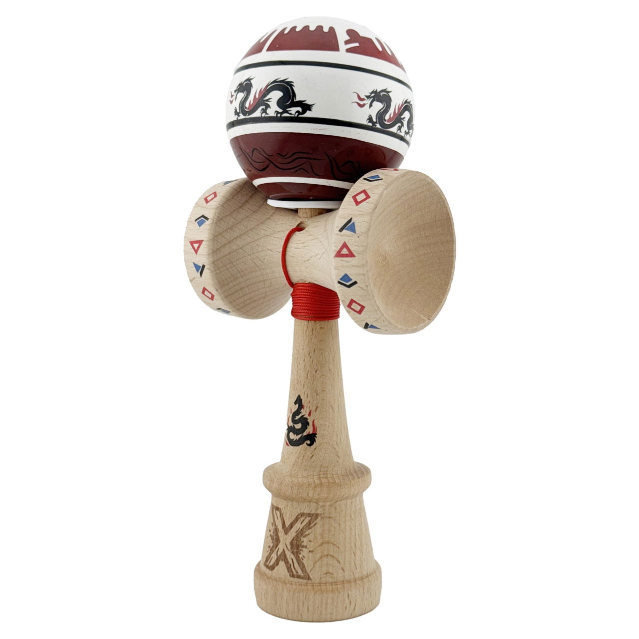 Kendama X Originala, Profesionala, Flippy, DRAGON Series, Super Sticky cu Cupe Mari King Size V3, Rulment Metalic si Gaura in Baza, din Lemn 18 cm, Ata 62/65 cm, Alb/Rosu inchis [3]