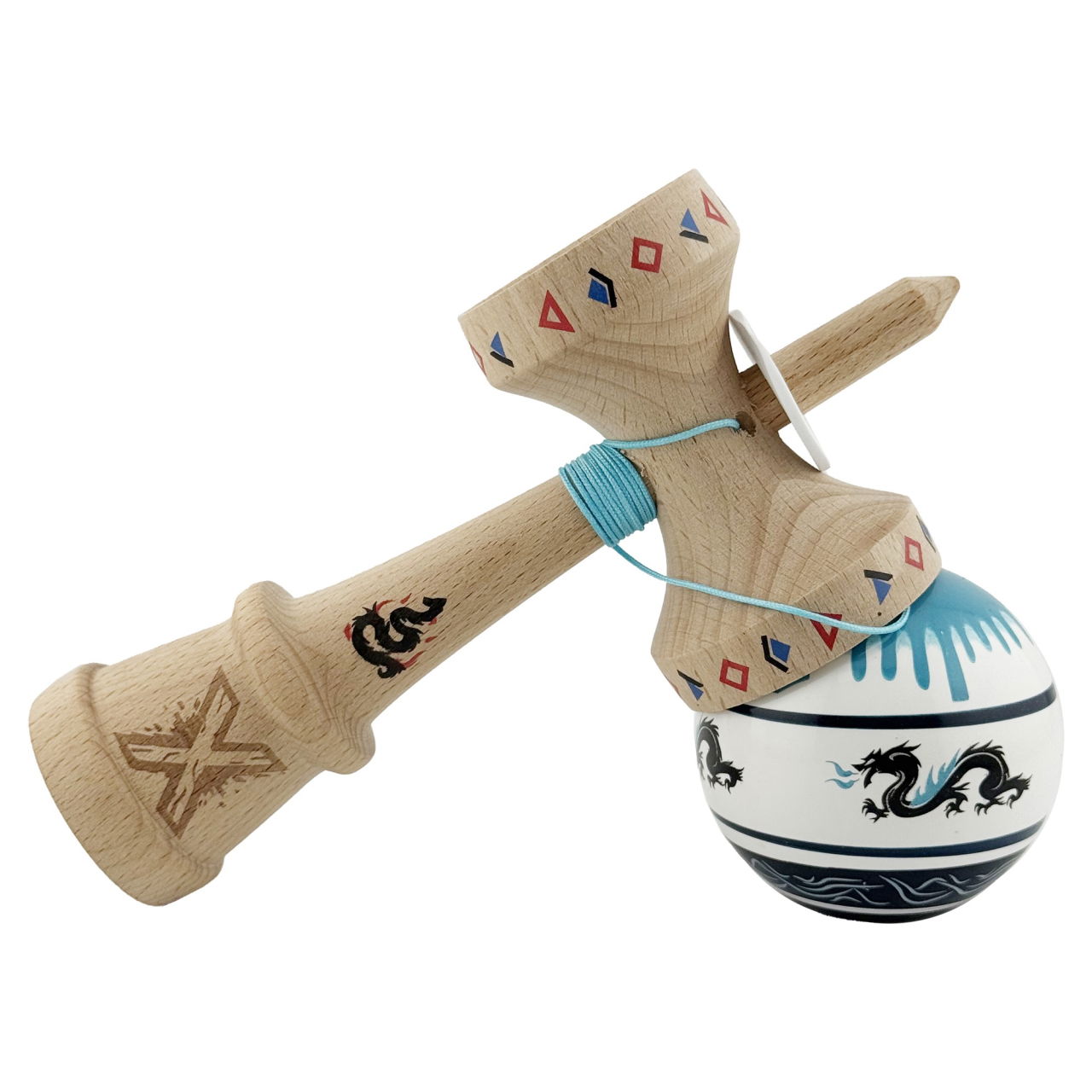Kendama X Originala, Profesionala, Flippy, DRAGON Series, Super Sticky cu Cupe Mari King Size V3, Rulment Metalic si Gaura in Baza, din Lemn 18 cm, Ata 62/65 cm, Albastru/Negru [5]