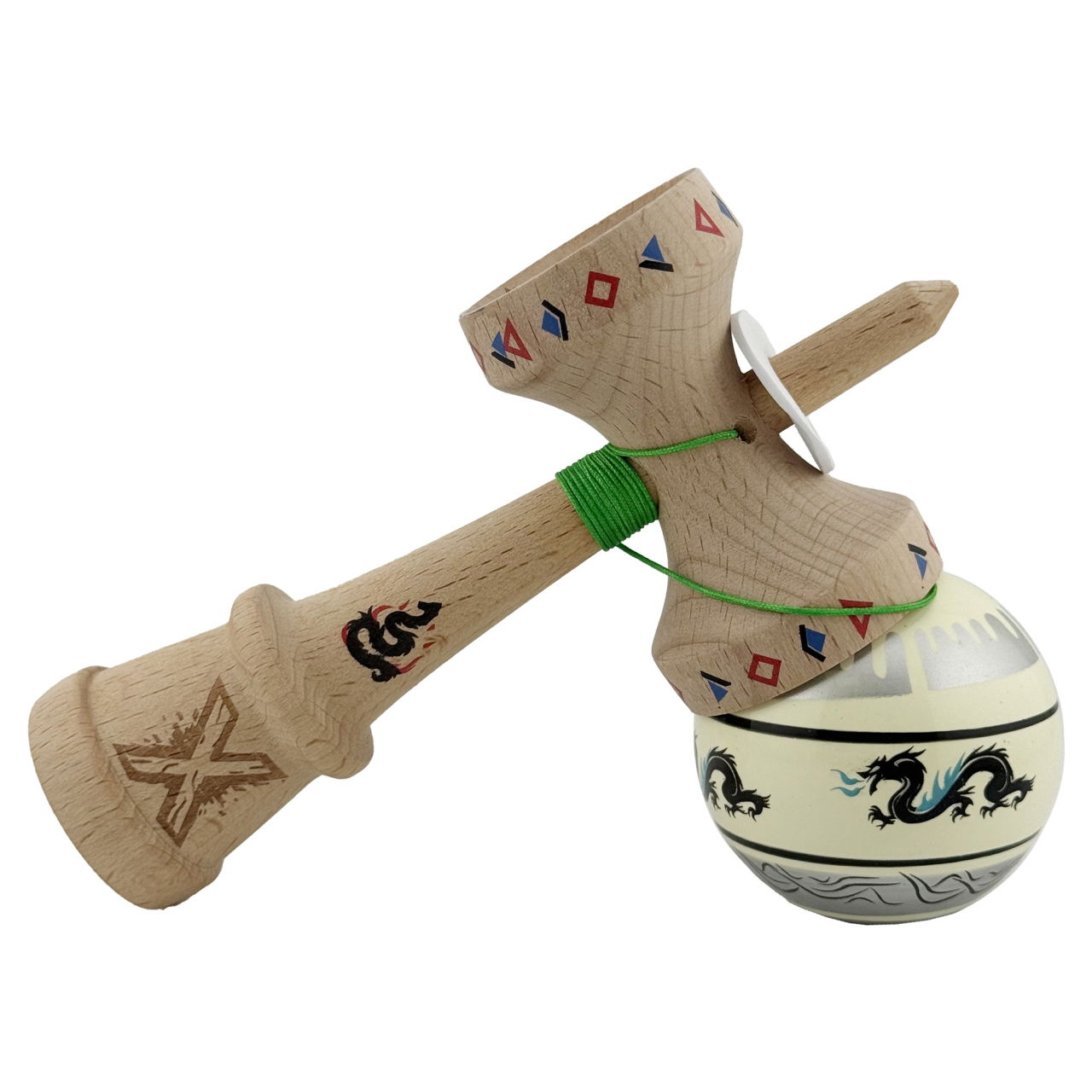 Kendama X Originala, Profesionala, Flippy, DRAGON Series, Super Sticky cu Cupe Mari King Size V3, Rulment Metalic si Gaura in Baza, din Lemn 18 cm, Ata 62/65 cm, Gri/Verde deschis [5]
