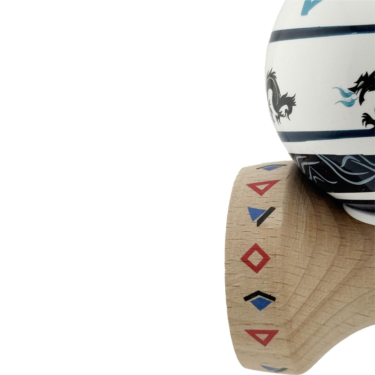 Kendama X Originala, Profesionala, Flippy, DRAGON Series, Super Sticky cu Cupe Mari King Size V3, Rulment Metalic si Gaura in Baza, din Lemn 18 cm, Ata 62/65 cm, Albastru/Negru [8]