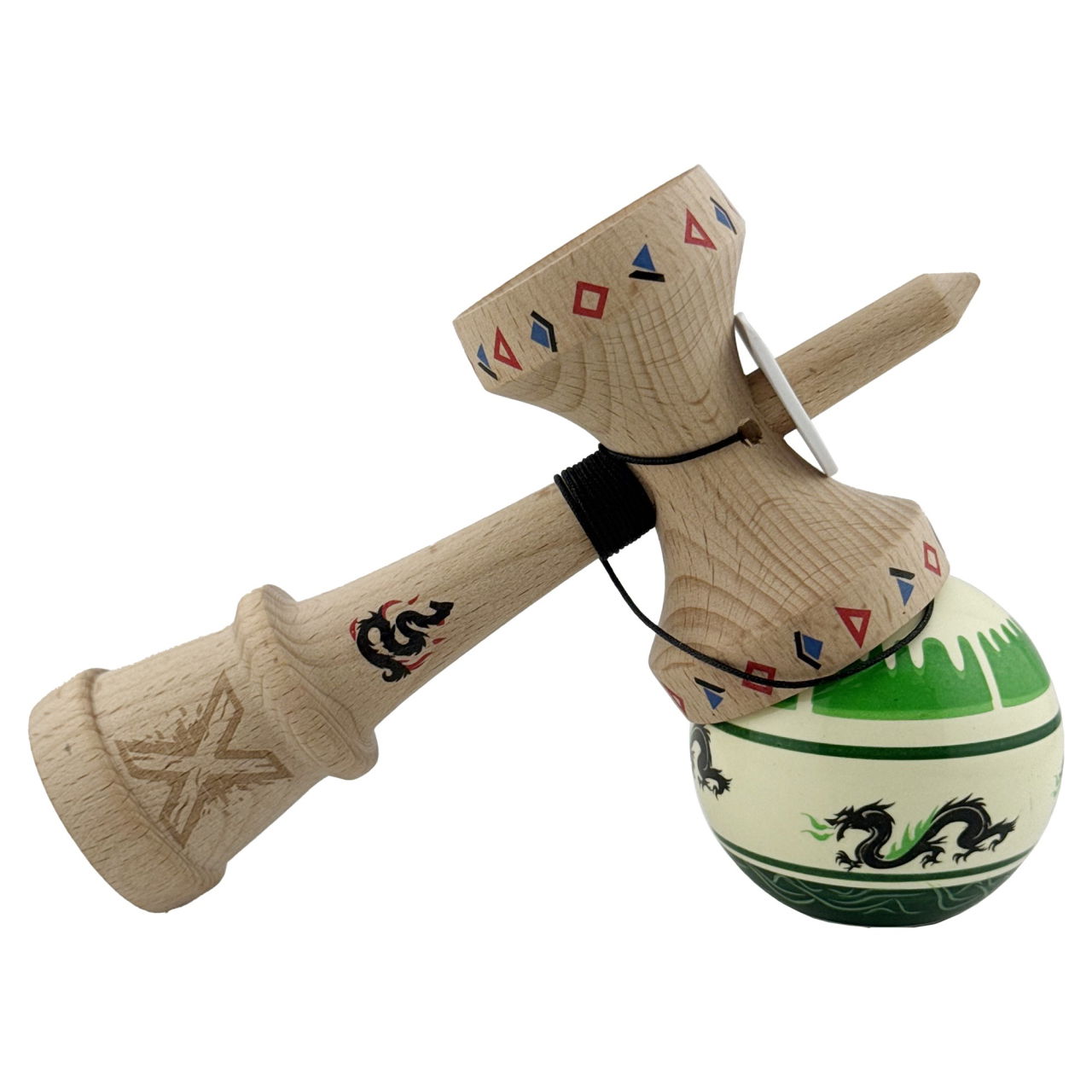 Kendama X Originala, Profesionala, Flippy, DRAGON Series, Super Sticky cu Cupe Mari King Size V3, Rulment Metalic si Gaura in Baza, din Lemn 18 cm, Ata 62/65 cm, Verde deschis/Negru [5]
