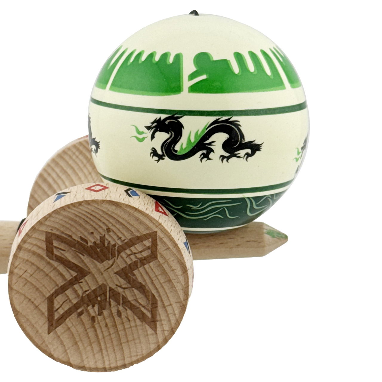 Kendama X Originala, Profesionala, Flippy, DRAGON Series, Super Sticky cu Cupe Mari King Size V3, Rulment Metalic si Gaura in Baza, din Lemn 18 cm, Ata 62/65 cm, Verde deschis/Negru [9]