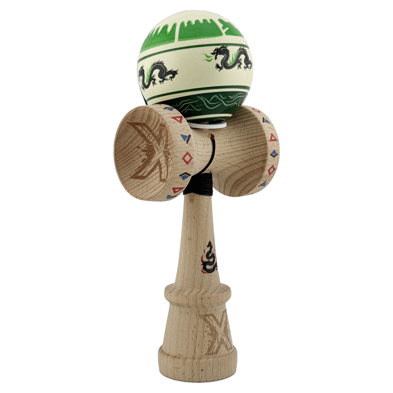 Kendama X Originala, Profesionala, Flippy, DRAGON Series, Super Sticky cu Cupe Mari King Size V3, Rulment Metalic si Gaura in Baza, din Lemn 18 cm, Ata 62/65 cm, Verde deschis/Negru [1]