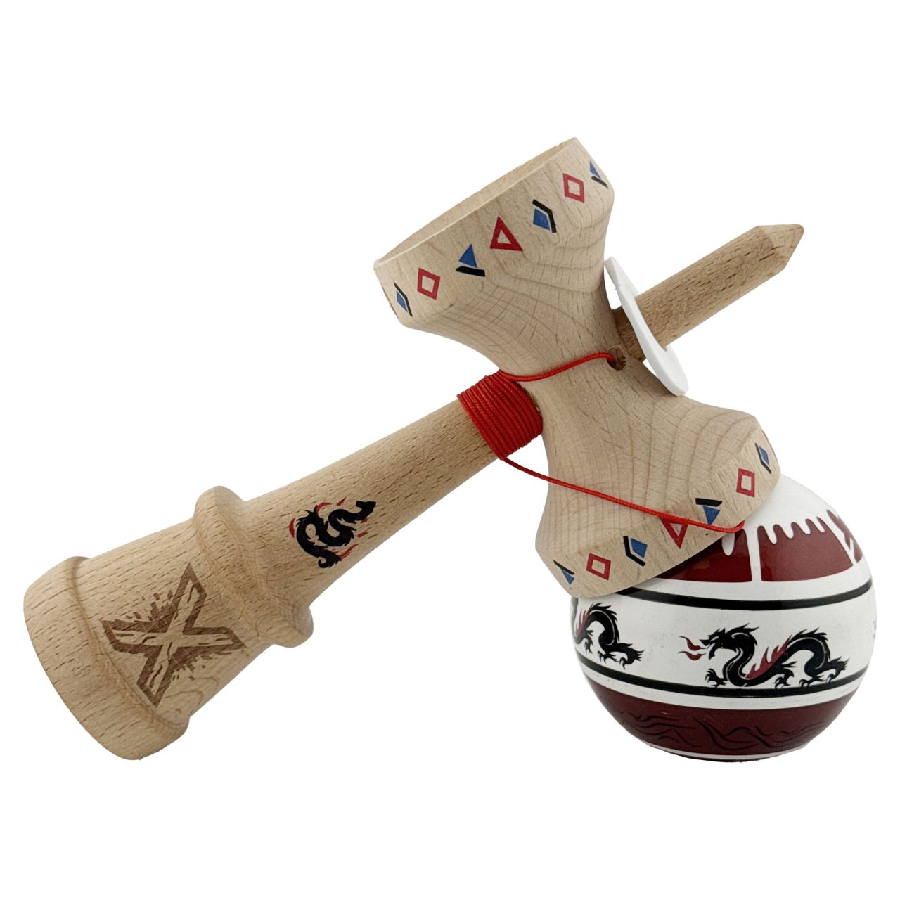 Kendama X Originala, Profesionala, Flippy, DRAGON Series, Super Sticky cu Cupe Mari King Size V3, Rulment Metalic si Gaura in Baza, din Lemn 18 cm, Ata 62/65 cm, Alb/Rosu inchis [5]