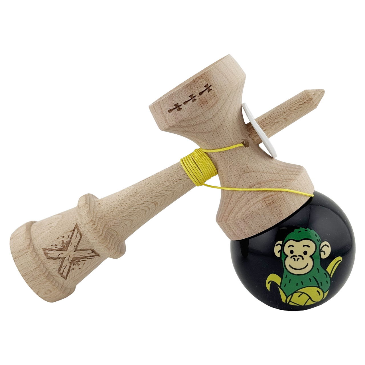 Kendama X Originala, Profesionala, Flippy, Green Monkey, Super Sticky cu Cupe Mari King Size V3, Rulment Metalic si Gaura in Baza, din Lemn 18 cm, Ata 62/65 cm, Negru [5]