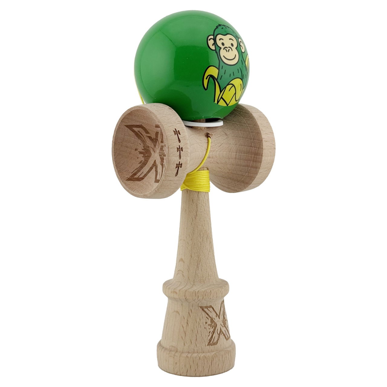 Kendama X Originala, Profesionala, Flippy, Green Monkey, Super Sticky cu Cupe Mari King Size V3, Rulment Metalic si Gaura in Baza, din Lemn 18 cm, Ata 62/65 cm, Verde [1]