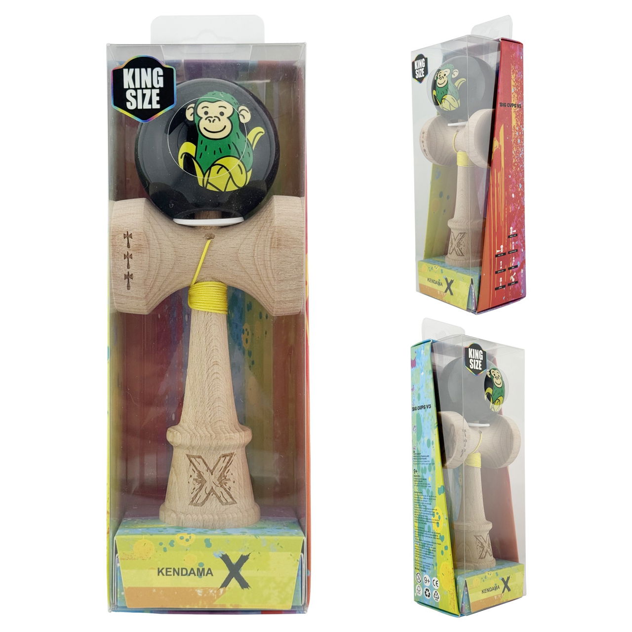 Kendama X Originala, Profesionala, Flippy, Green Monkey, Super Sticky cu Cupe Mari King Size V3, Rulment Metalic si Gaura in Baza, din Lemn 18 cm, Ata 62/65 cm, Negru [6]