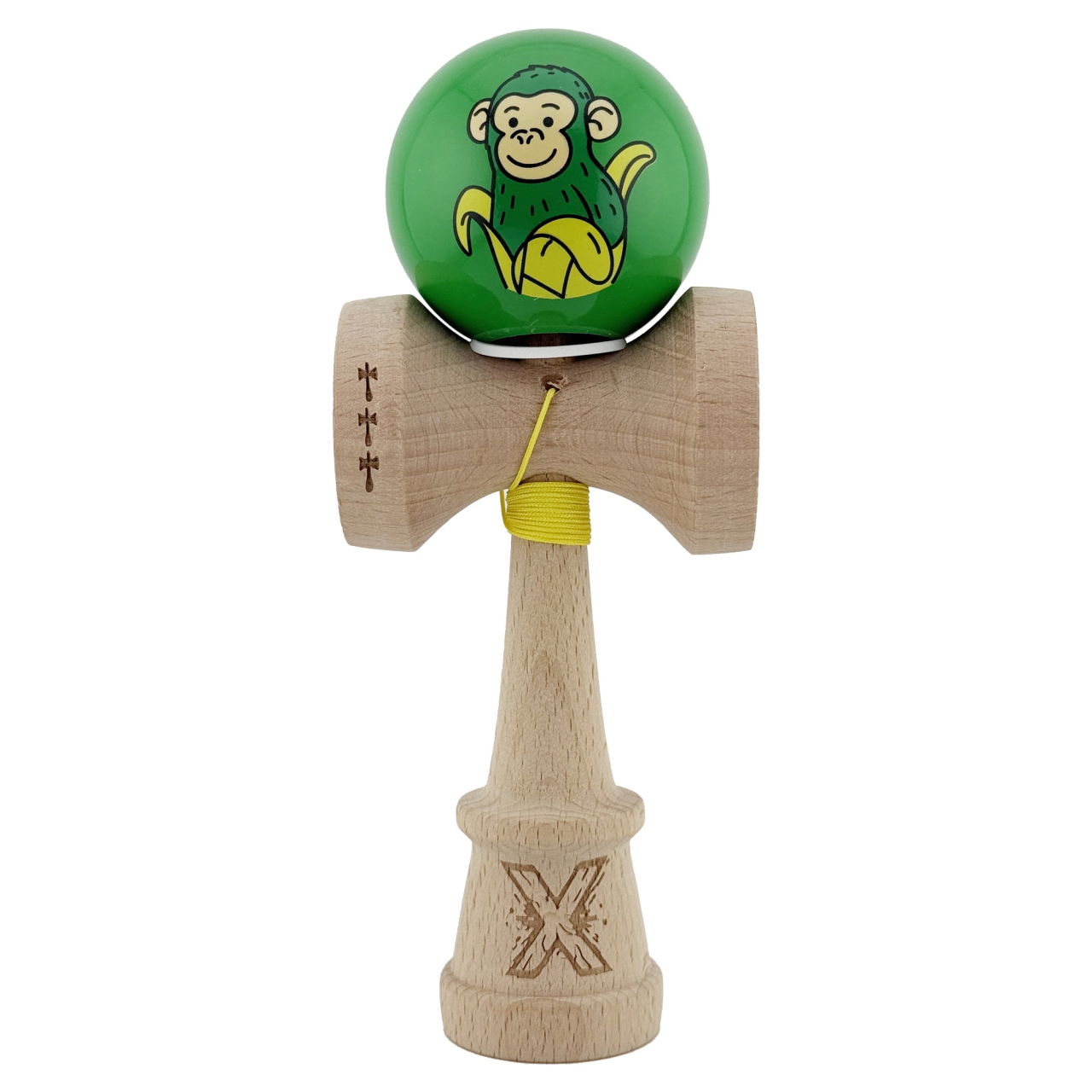 Kendama X Originala, Profesionala, Flippy, Green Monkey, Super Sticky cu Cupe Mari King Size V3, Rulment Metalic si Gaura in Baza, din Lemn 18 cm, Ata 62/65 cm, Verde [2]