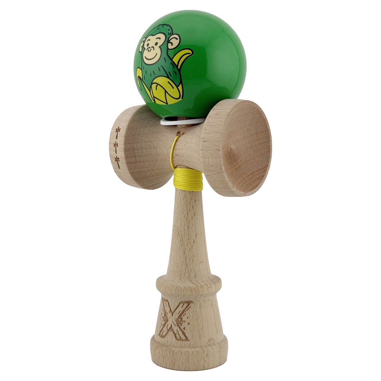 Kendama X Originala, Profesionala, Flippy, Green Monkey, Super Sticky cu Cupe Mari King Size V3, Rulment Metalic si Gaura in Baza, din Lemn 18 cm, Ata 62/65 cm, Verde [3]