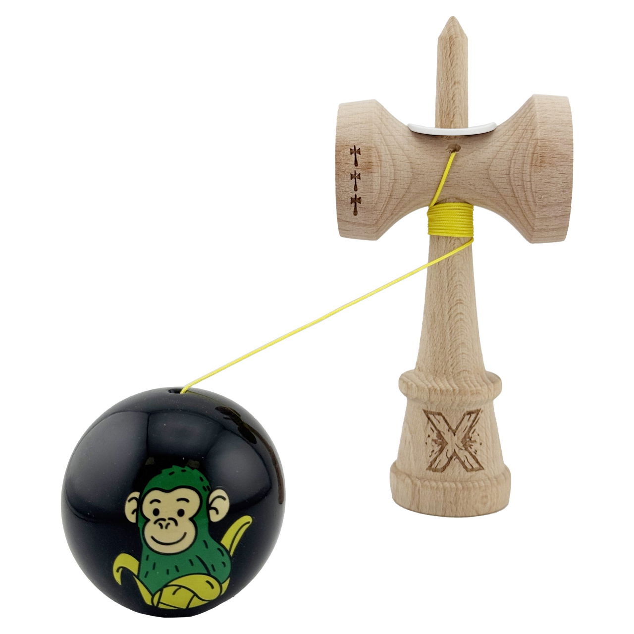 Kendama X Originala, Profesionala, Flippy, Green Monkey, Super Sticky cu Cupe Mari King Size V3, Rulment Metalic si Gaura in Baza, din Lemn 18 cm, Ata 62/65 cm, Negru [4]