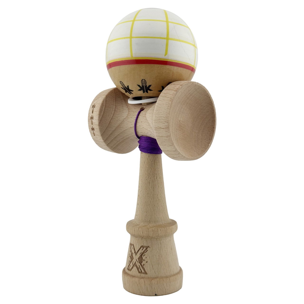 Kendama X Originala, Profesionala, Flippy, Legendary Glob, Cupe Mari KING SIZE V3, Super Sticky, Gaura in Baza, Rulment Metalic, din lemn 18 cm, Ata 62/65 cm, Alb/Galben/Rosu [3]