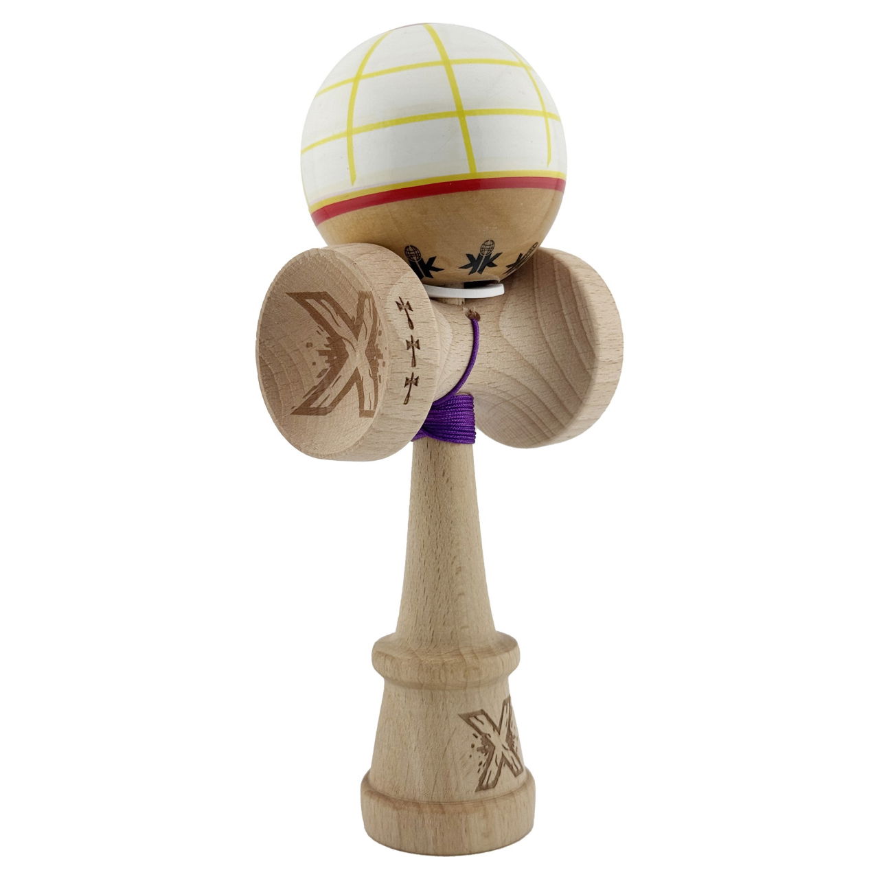 Kendama X Originala, Profesionala, Flippy, Legendary Glob, Cupe Mari KING SIZE V3, Super Sticky, Gaura in Baza, Rulment Metalic, din lemn 18 cm, Ata 62/65 cm, Alb/Galben/Rosu [1]