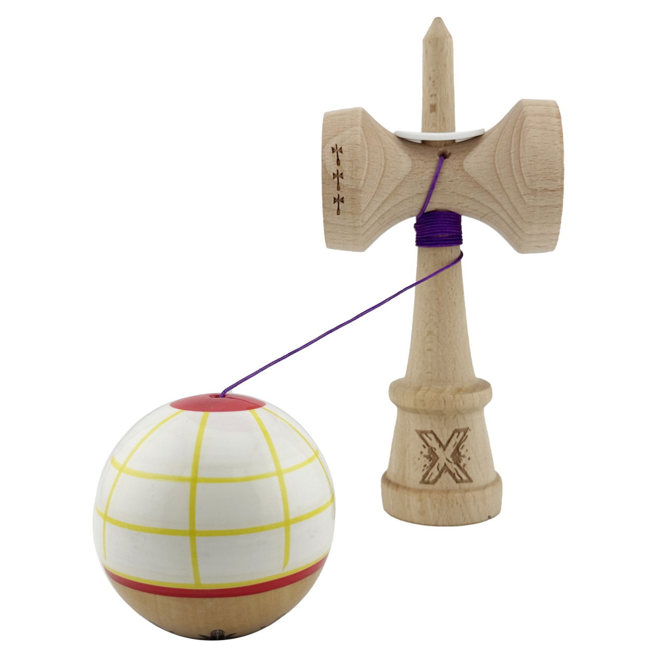Kendama X Originala, Profesionala, Flippy, Legendary Glob, Cupe Mari KING SIZE V3, Super Sticky, Gaura in Baza, Rulment Metalic, din lemn 18 cm, Ata 62/65 cm, Alb/Galben/Rosu [4]