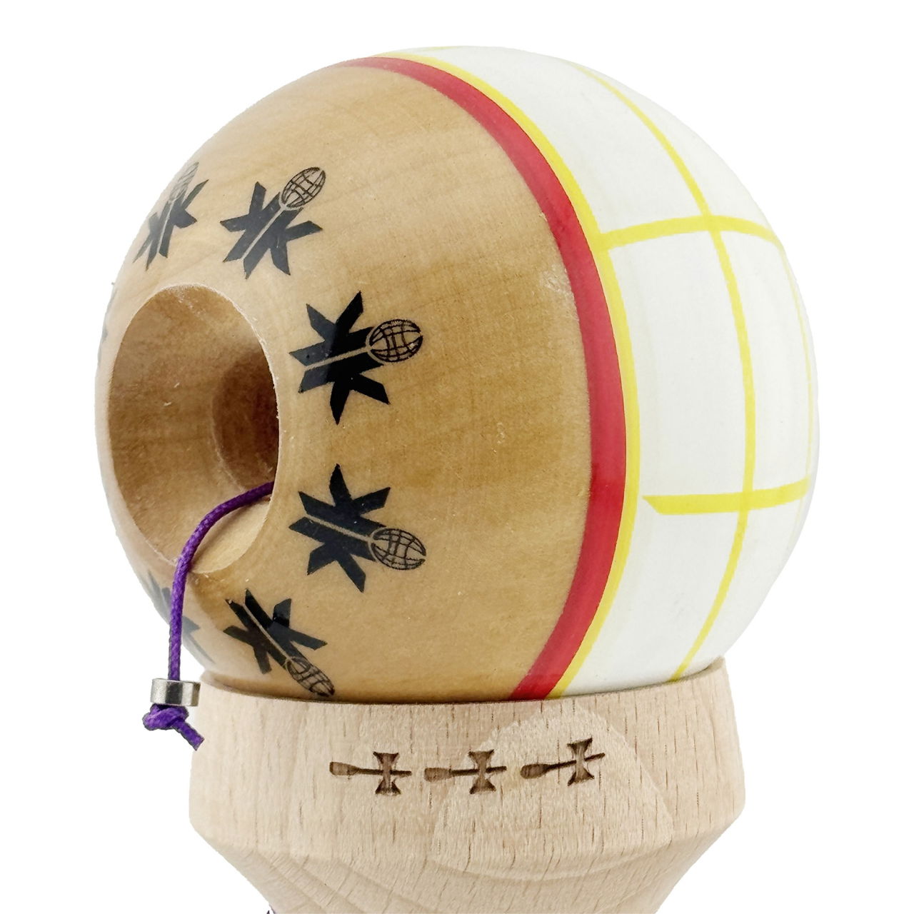 Kendama X Originala, Profesionala, Flippy, Legendary Glob, Cupe Mari KING SIZE V3, Super Sticky, Gaura in Baza, Rulment Metalic, din lemn 18 cm, Ata 62/65 cm, Alb/Galben/Rosu [6]