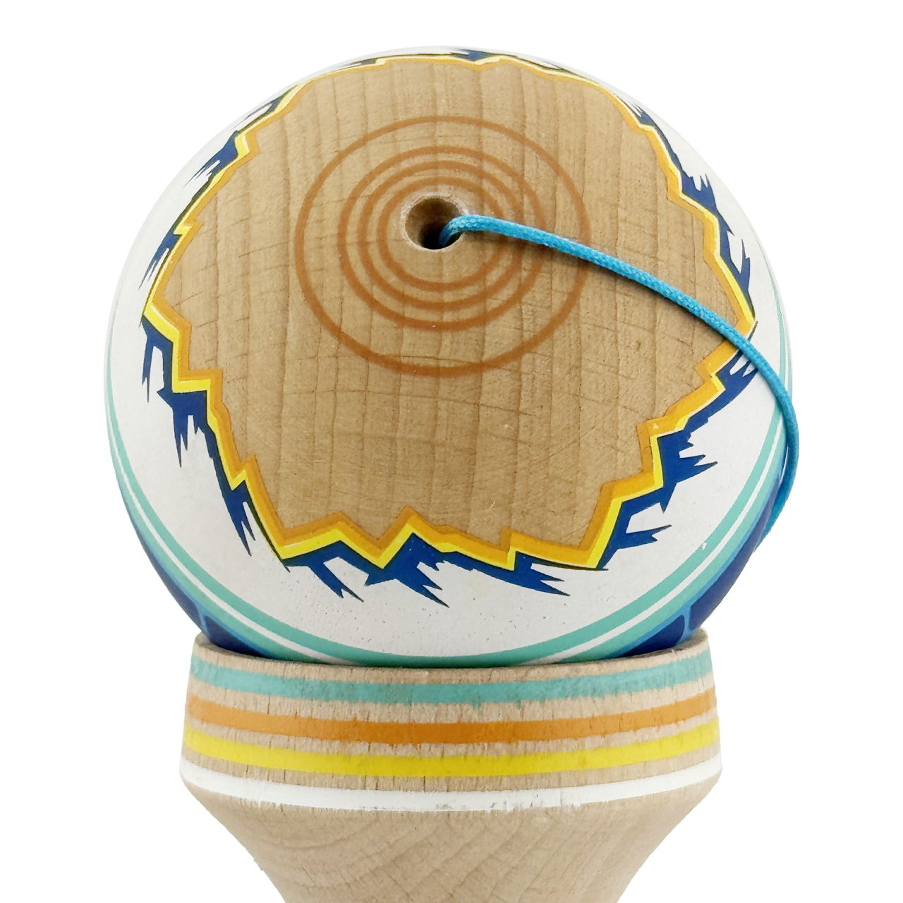 Kendama X Originala, Profesionala, Flippy, MOUNTAINS, Model Anti Skid cu Cupe Mari KING SIZE V3, Gaura in Baza, Rulment Metalic, din lemn 18 cm, Ata 62/65 cm, Albastru Multicolor [10]