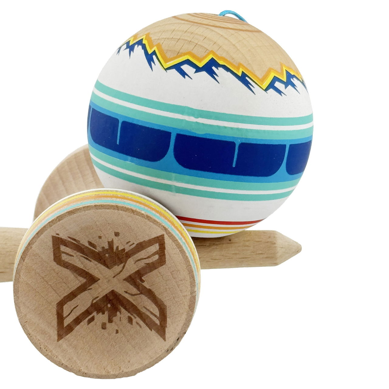 Kendama X Originala, Profesionala, Flippy, MOUNTAINS, Model Anti Skid cu Cupe Mari KING SIZE V3, Gaura in Baza, Rulment Metalic, din lemn 18 cm, Ata 62/65 cm, Albastru Multicolor [9]