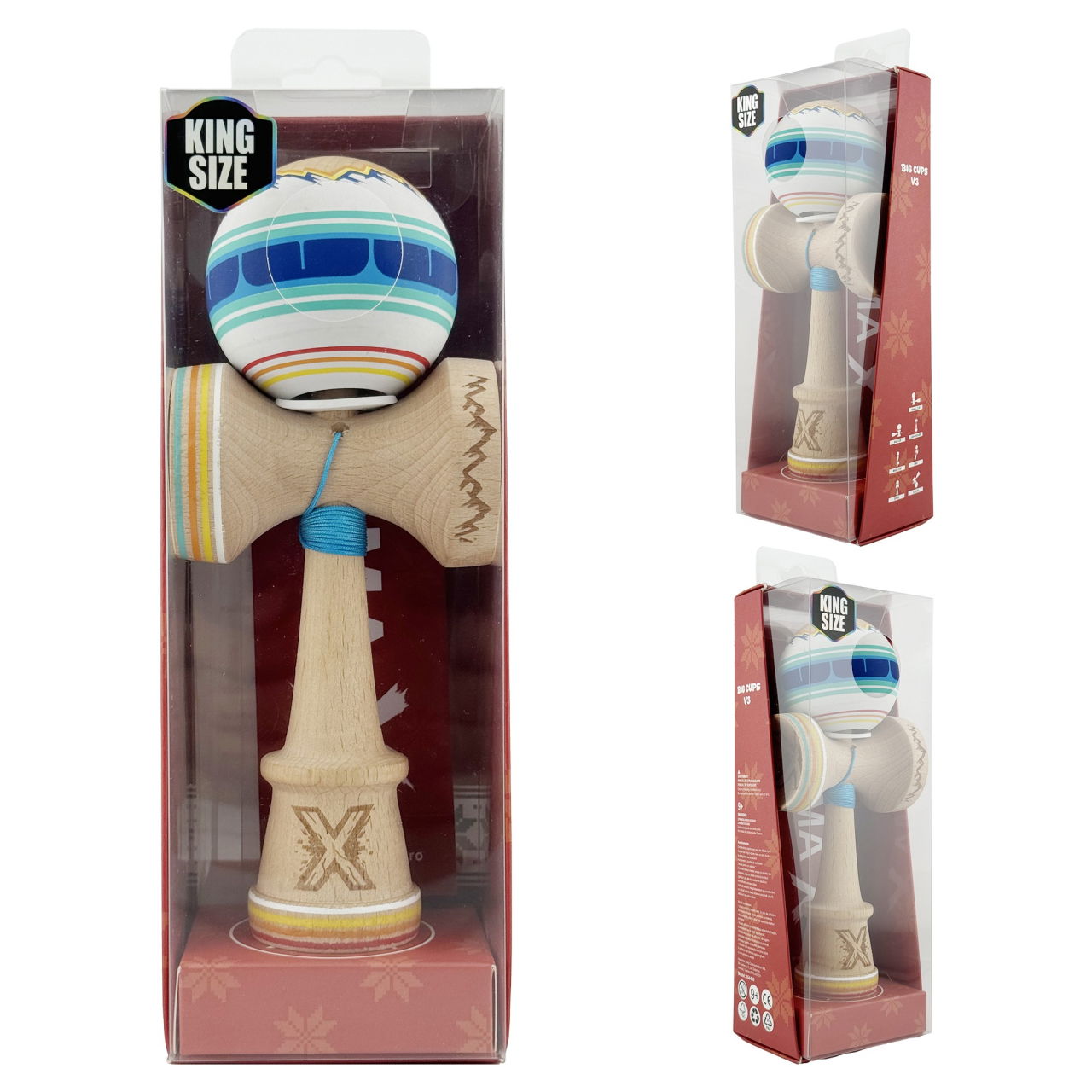 Kendama X Originala, Profesionala, Flippy, MOUNTAINS, Model Anti Skid cu Cupe Mari KING SIZE V3, Gaura in Baza, Rulment Metalic, din lemn 18 cm, Ata 62/65 cm, Albastru Multicolor [6]