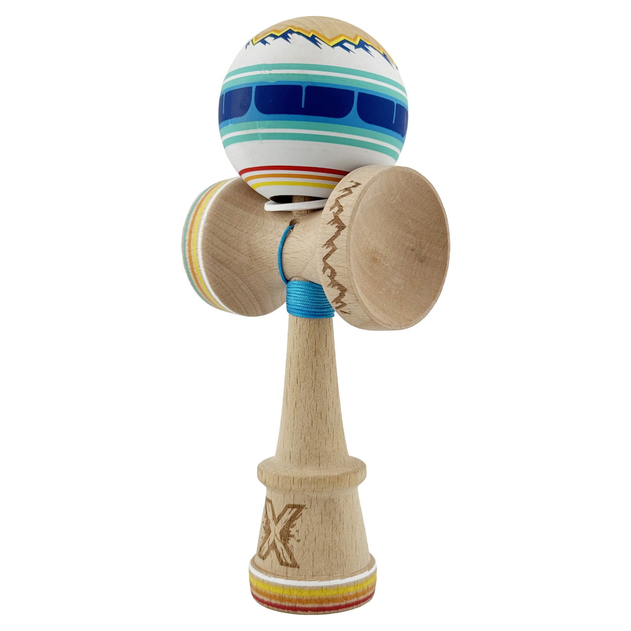 Kendama X Originala, Profesionala, Flippy, MOUNTAINS, Model Anti Skid cu Cupe Mari KING SIZE V3, Gaura in Baza, Rulment Metalic, din lemn 18 cm, Ata 62/65 cm, Albastru Multicolor [3]