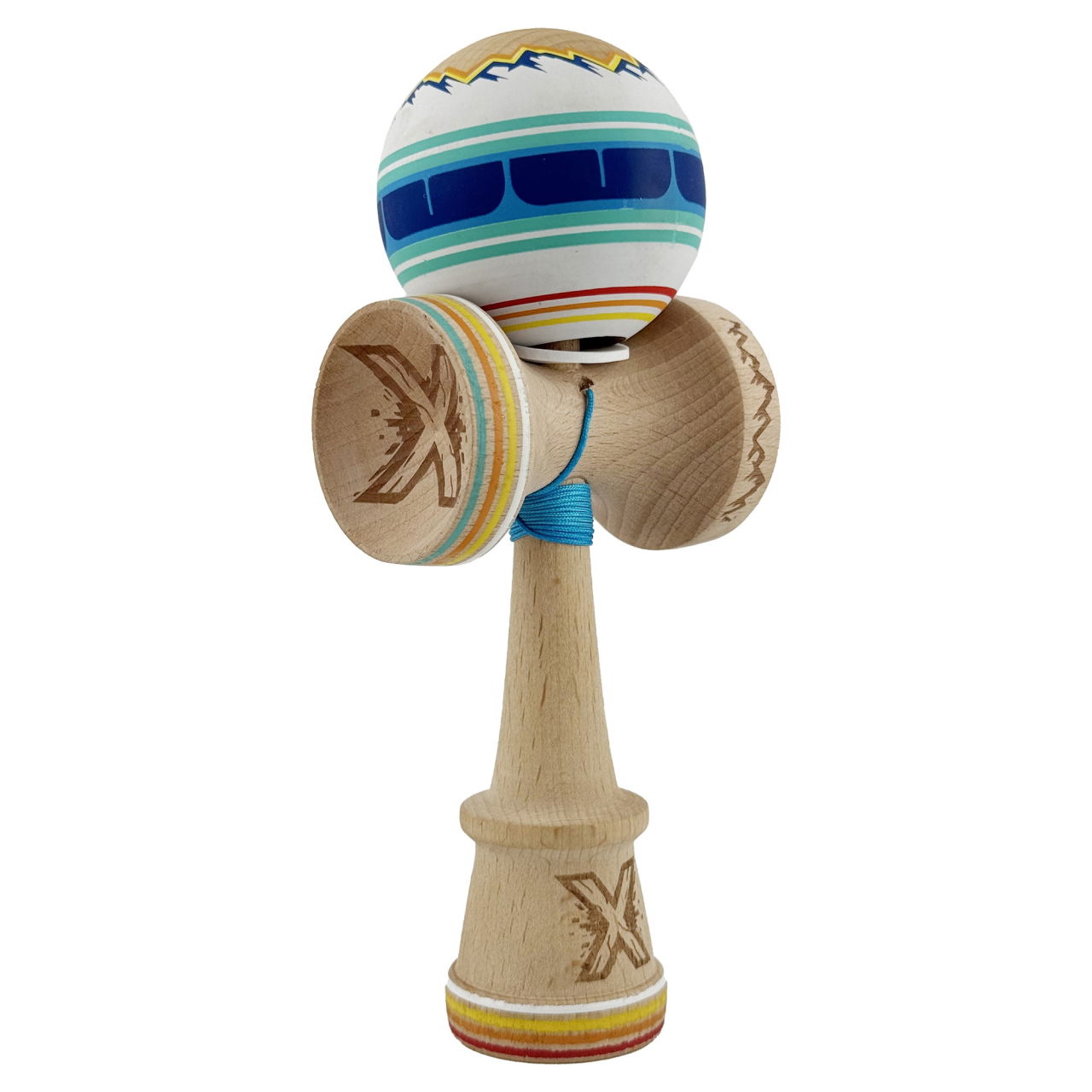 Kendama X Originala, Profesionala, Flippy, MOUNTAINS, Model Anti Skid cu Cupe Mari KING SIZE V3, Gaura in Baza, Rulment Metalic, din lemn 18 cm, Ata 62/65 cm, Albastru Multicolor [1]