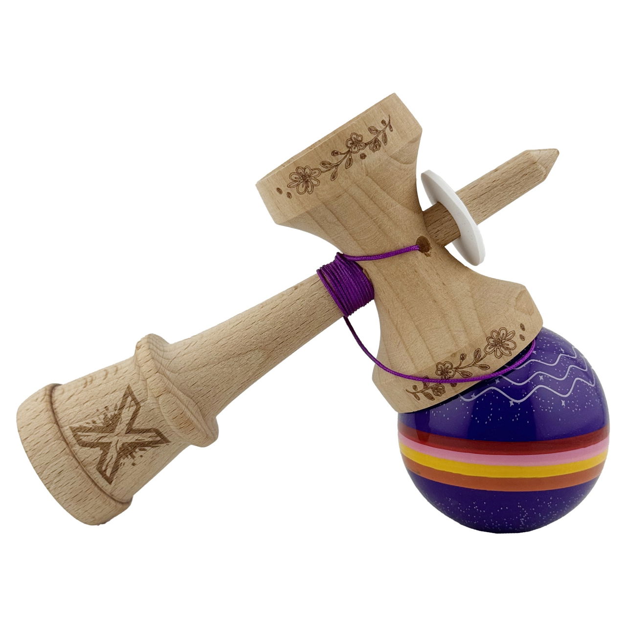 Kendama X Originala, Profesionala, Flippy, NIGHT SKY, Super Sticky cu Cupe Mari KING SIZE V3, Gaura in Baza, Rulment Metalic, din lemn 18 cm, Ata 62/65 cm, Mov [5]