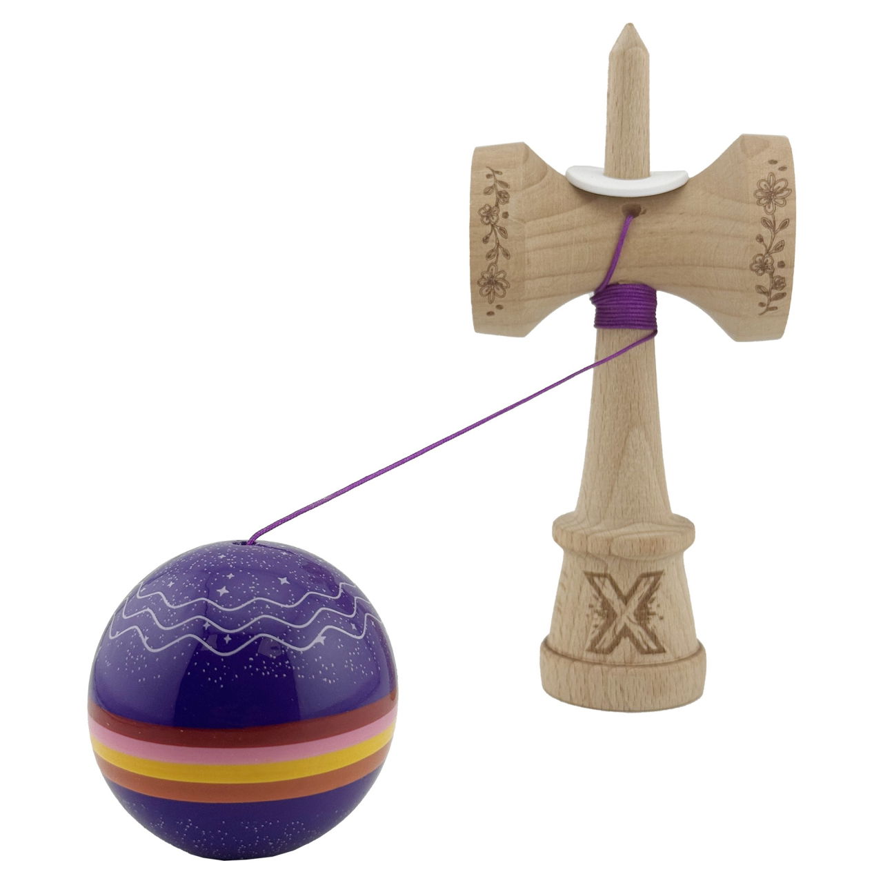 Kendama X Originala, Profesionala, Flippy, NIGHT SKY, Super Sticky cu Cupe Mari KING SIZE V3, Gaura in Baza, Rulment Metalic, din lemn 18 cm, Ata 62/65 cm, Mov [4]