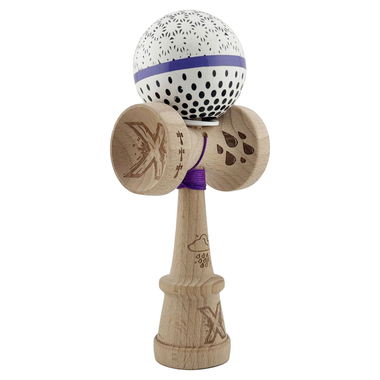 Kendama X Originala, Profesionala, Flippy, RAINDROPS, Super Sticky cu Cupe Mari KING SIZE V3, Gaura in Baza, Rulment Metalic, din lemn 18 cm, Ata 62/65 cm, Alb/Albastru [1]