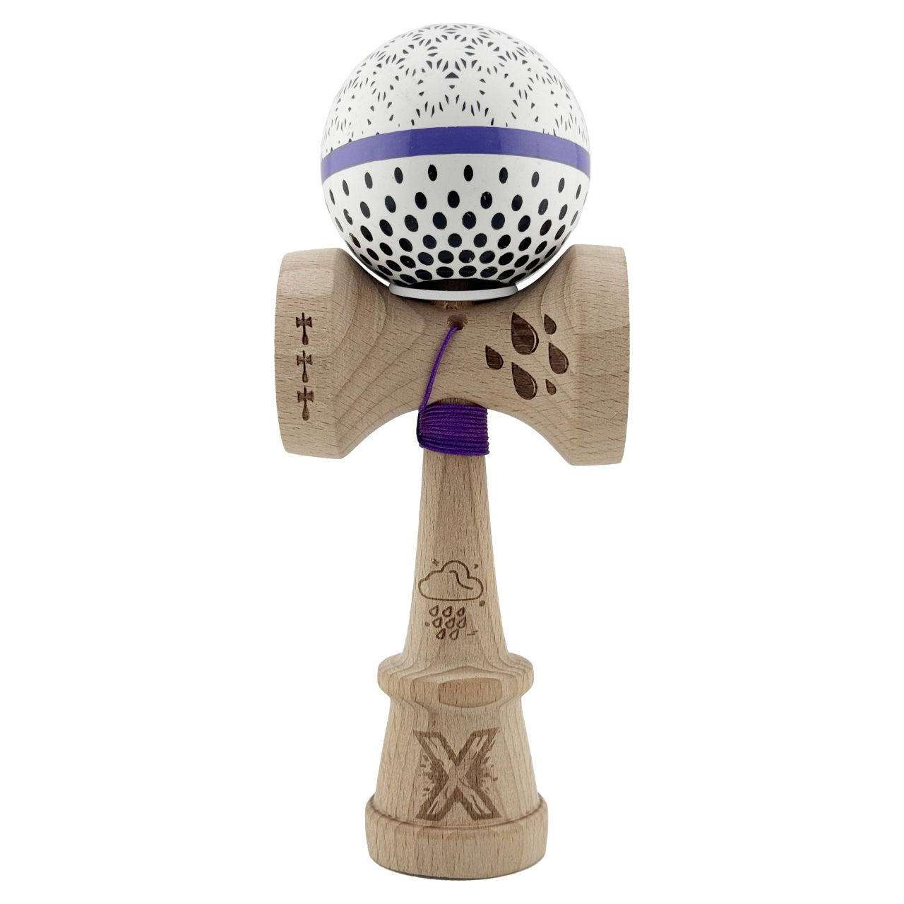Kendama X Originala, Profesionala, Flippy, RAINDROPS, Super Sticky cu Cupe Mari KING SIZE V3, Gaura in Baza, Rulment Metalic, din lemn 18 cm, Ata 62/65 cm, Alb/Albastru [2]