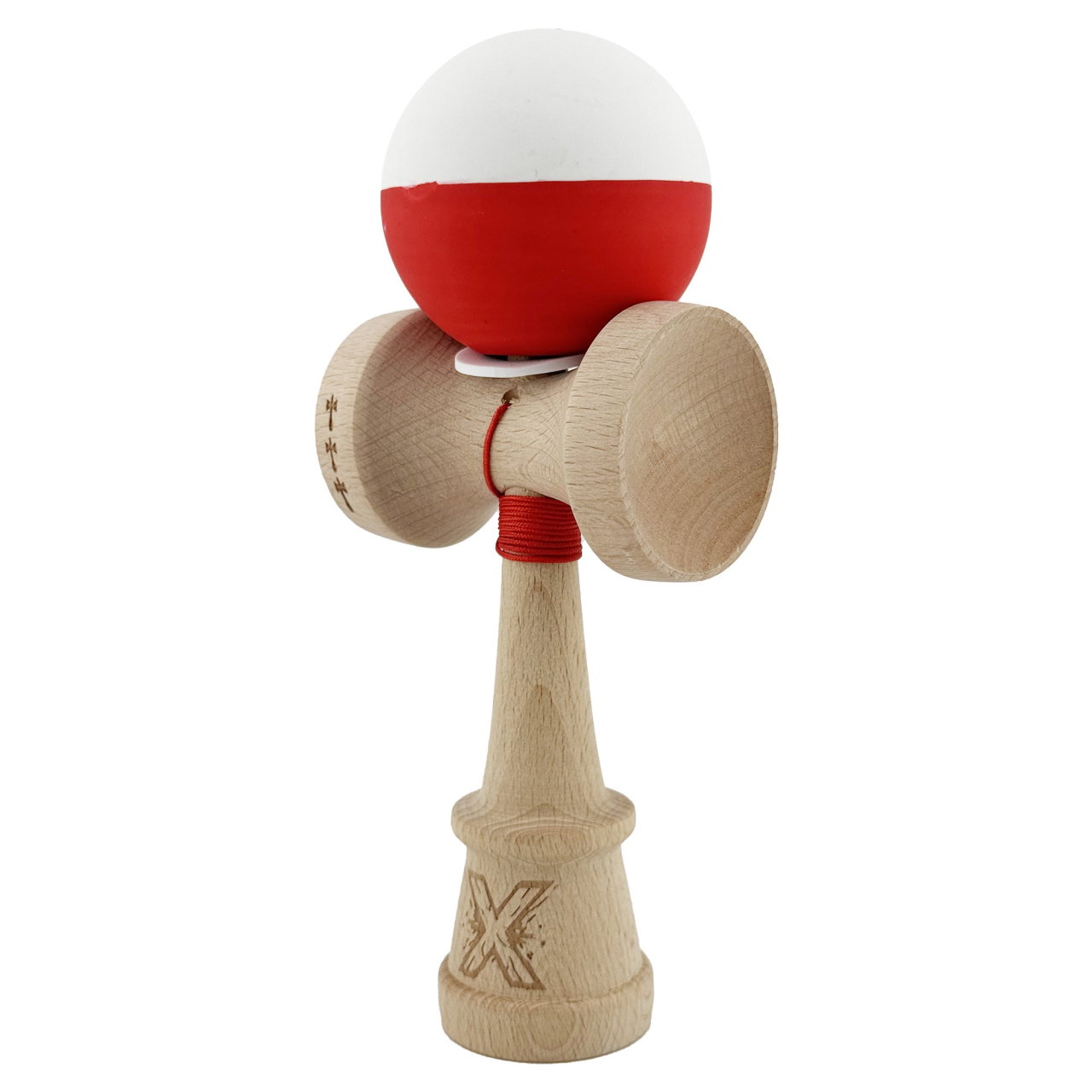 Kendama X Originala, Profesionala, Flippy, Rubber Grip, Cupe Mari KING SIZE V3, Gaura in Baza, Rulment Metalic, din lemn 18 cm, Ata 62/65 cm, Bicolor Alb/Rosu [3]